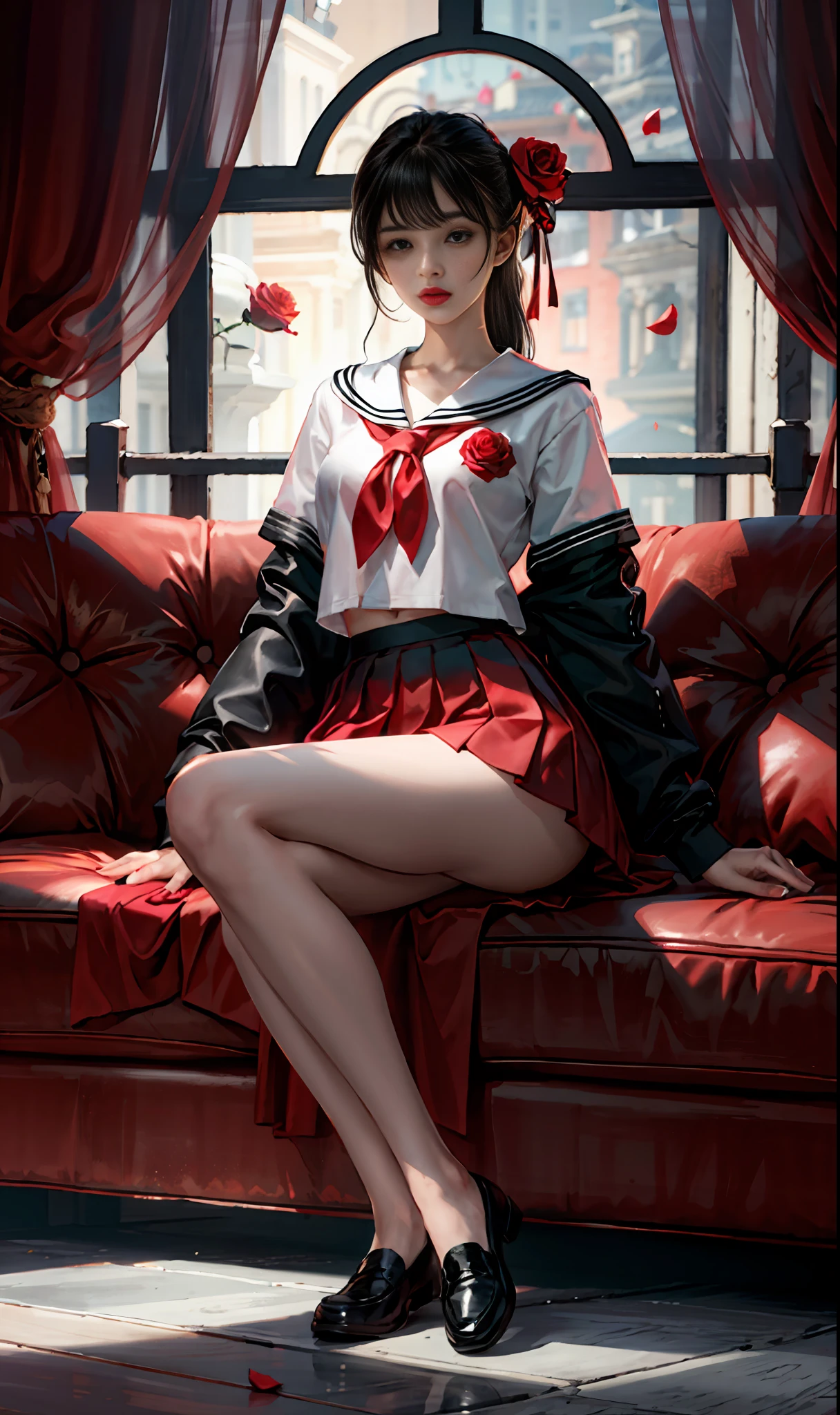 camellia, flower, red_flower, red_rose, rose, katana, 1girl, pink_rose, pink_flower, spider_lily, shoes, long_hair, school_uniform, serafuku, sheath, skirt, solo, sheathed, vase, looking_at_viewer, sitting, orange_flower, pleated_skirt, rose_petals, black_shirt, black_legwear, black_skirt, hibiscus, very_long_hair, parted_lips, loafers, sailor_collar, black_hair, neckerchief