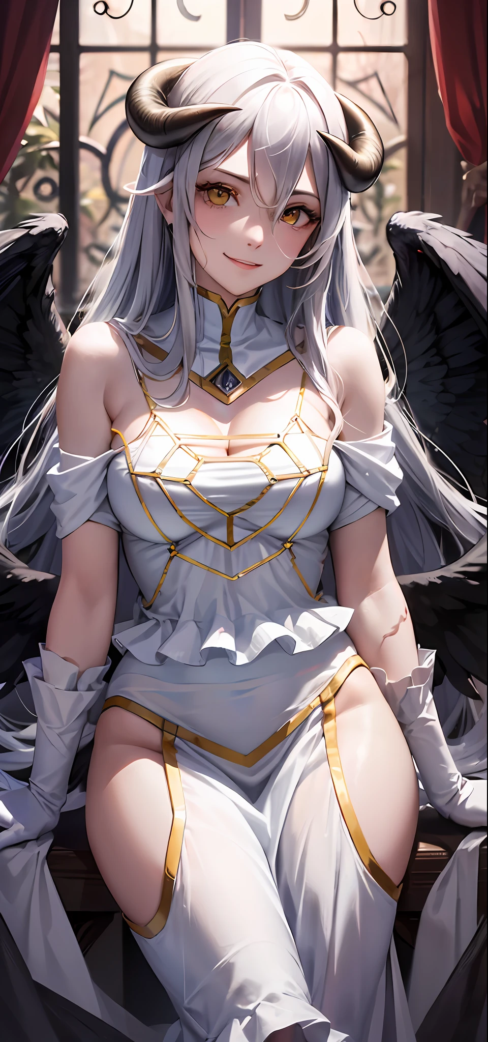 Meisterwerk, best qualit, high res, al1, demon horns, geschlitzte Pupillen, white gloves, white dress, Abnehmbarer Kragen, Spaltung, black wings, feathered wings, low wings, Cowboy erschossen, sitzend, Verlies, evil smile, Die Hand ausstrecken, ein gebreitete Arme, eingestreckte Arme,