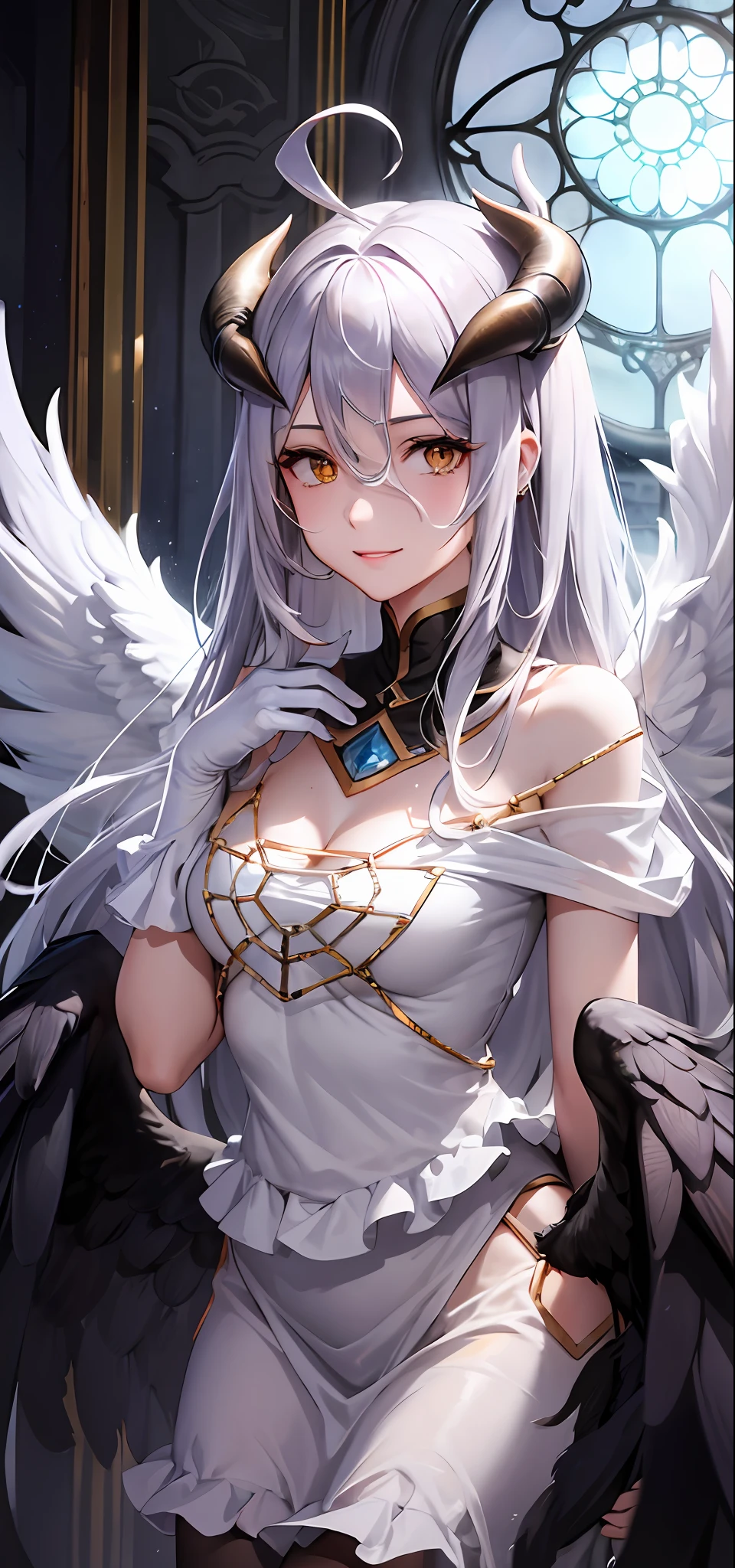 Meisterwerk, best qualit, high res, al1, demon horns, geschlitzte Pupillen, white gloves, white dress, Abnehmbarer Kragen, Spaltung, black wings, feathered wings, low wings, Cowboy erschossen, sitzend, Verlies, evil smile, Die Hand ausstrecken, ein gebreitete Arme, eingestreckte Arme,