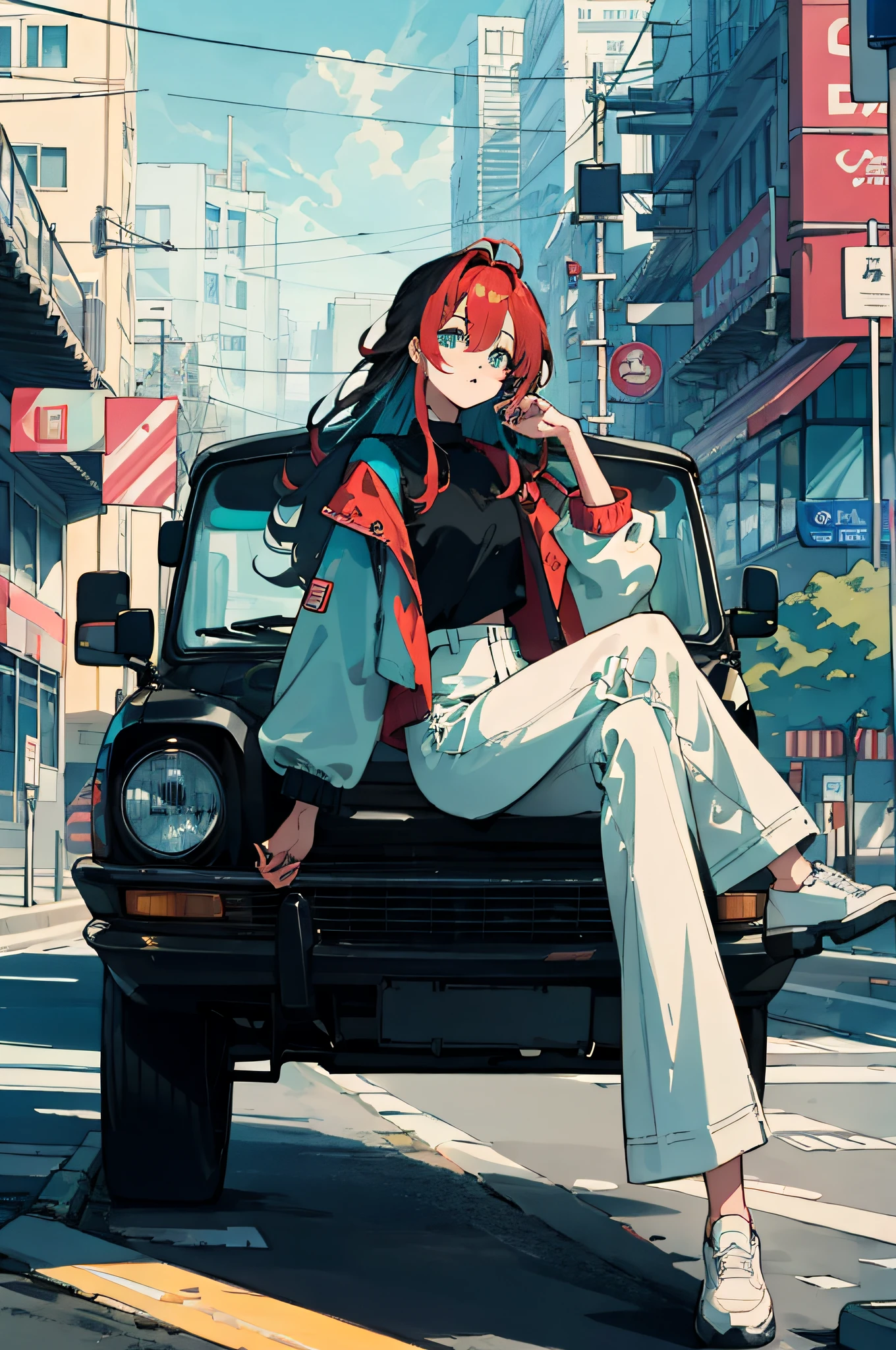 Best quality, 4k wallpaper, Masterpiece, Extremely detailed CG unity 8k wallpaper, Extremely detailed eyes, Ultra-detailed, Intricate details, 1girls, Kobo, multicolored hair, Long hair, aqua eyes, jacket, White pants, character art style, retro art style, public, Outdoors, Sitting, car, road sign, City,
waiting to start