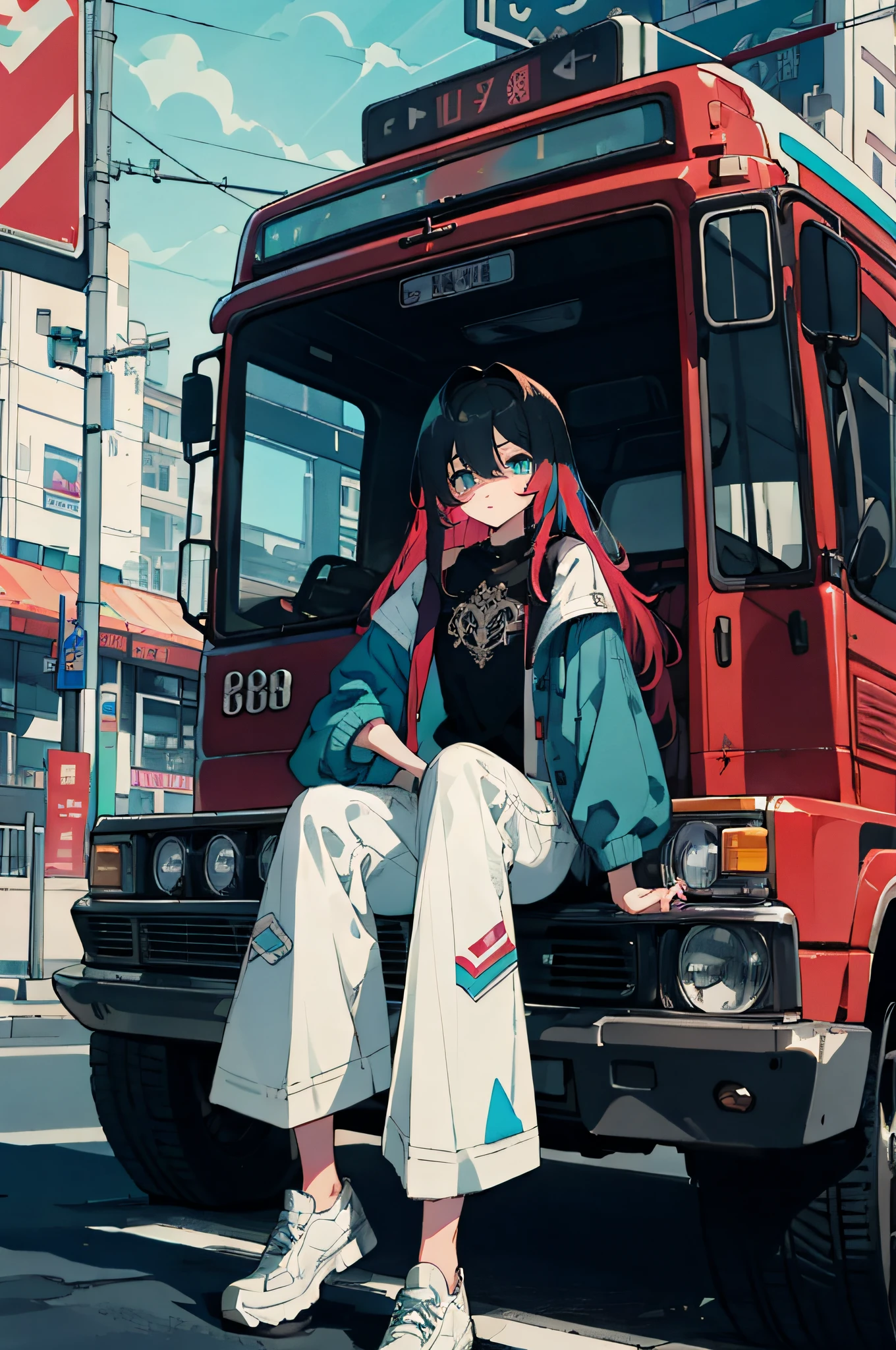 Anime girl sitting on the back of a red truck in a city - SeaArt AI