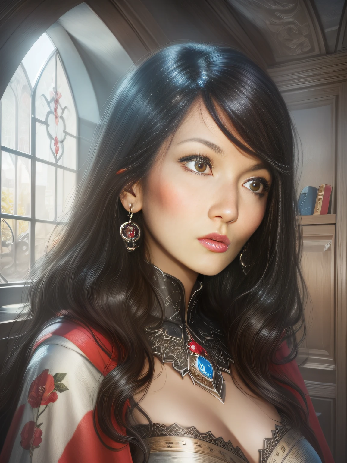 ultra realistic 8k cg, masterpiece, ((ultra detailed background, delicate pattern, intricate detail, highly detailed, fine details best quality, hyperdetailed face)), (photorealistic:1.4),beautiful lighting, absurdres, RAW photo, film grain, BoaHancockV2, 1girl, solo, black hair, long hair, jewelry, closed mouth, (((medium breasts, slim girl))), (red cape, cape, dress, black eyes, earrings, complex detailed background, inside, castle room environment, medieval castle, gray walls, window, bookshelf), ((close-up, portrait)),