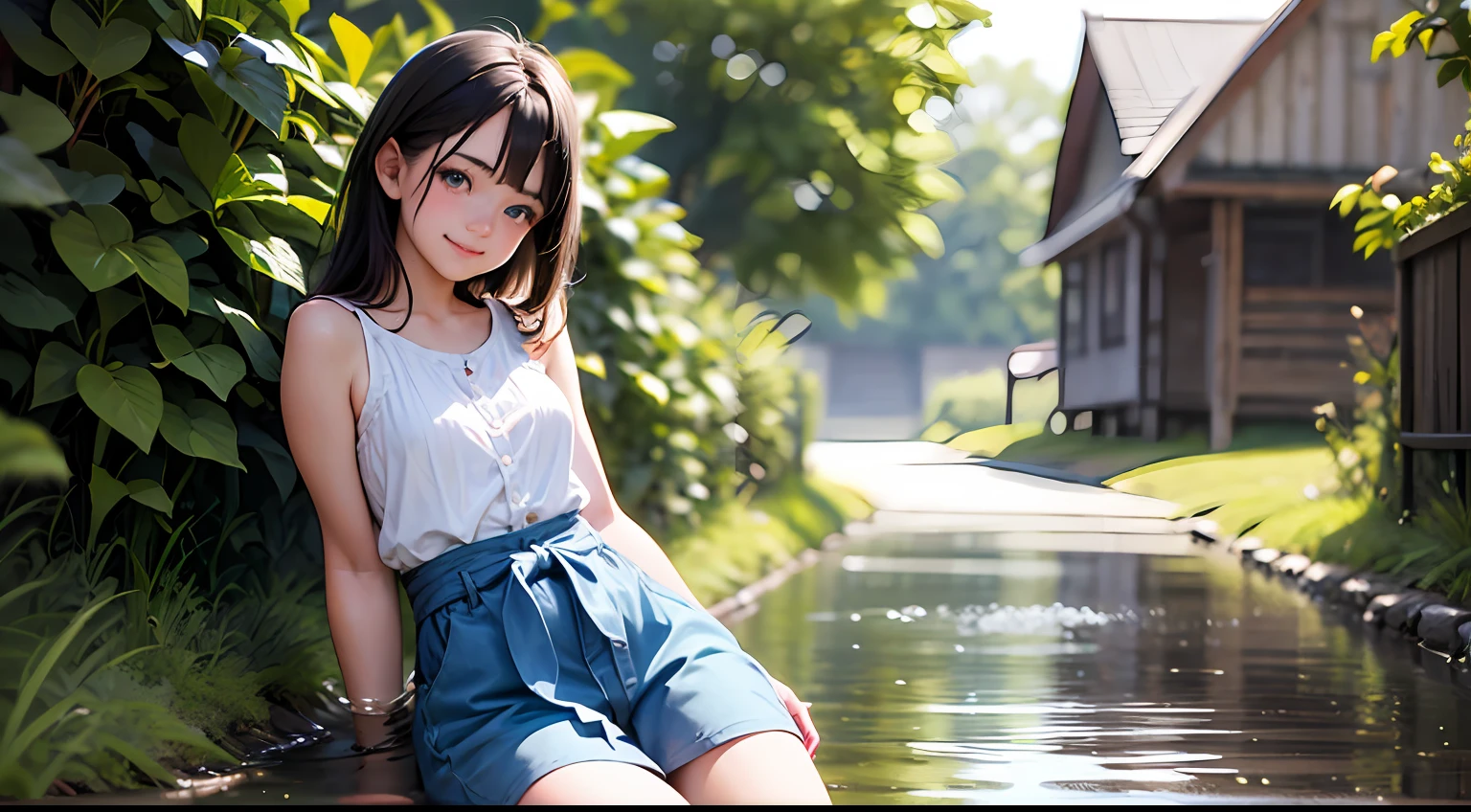 Hyperrealistic, and ultra detalled photograph of a beautiful 12 years old girl, white complexion, smile, innocent girls face, full Hd blue eyes, cheerful, dressed in short that exposses her slim waist and beautiful ultra detaild legs, 64k,