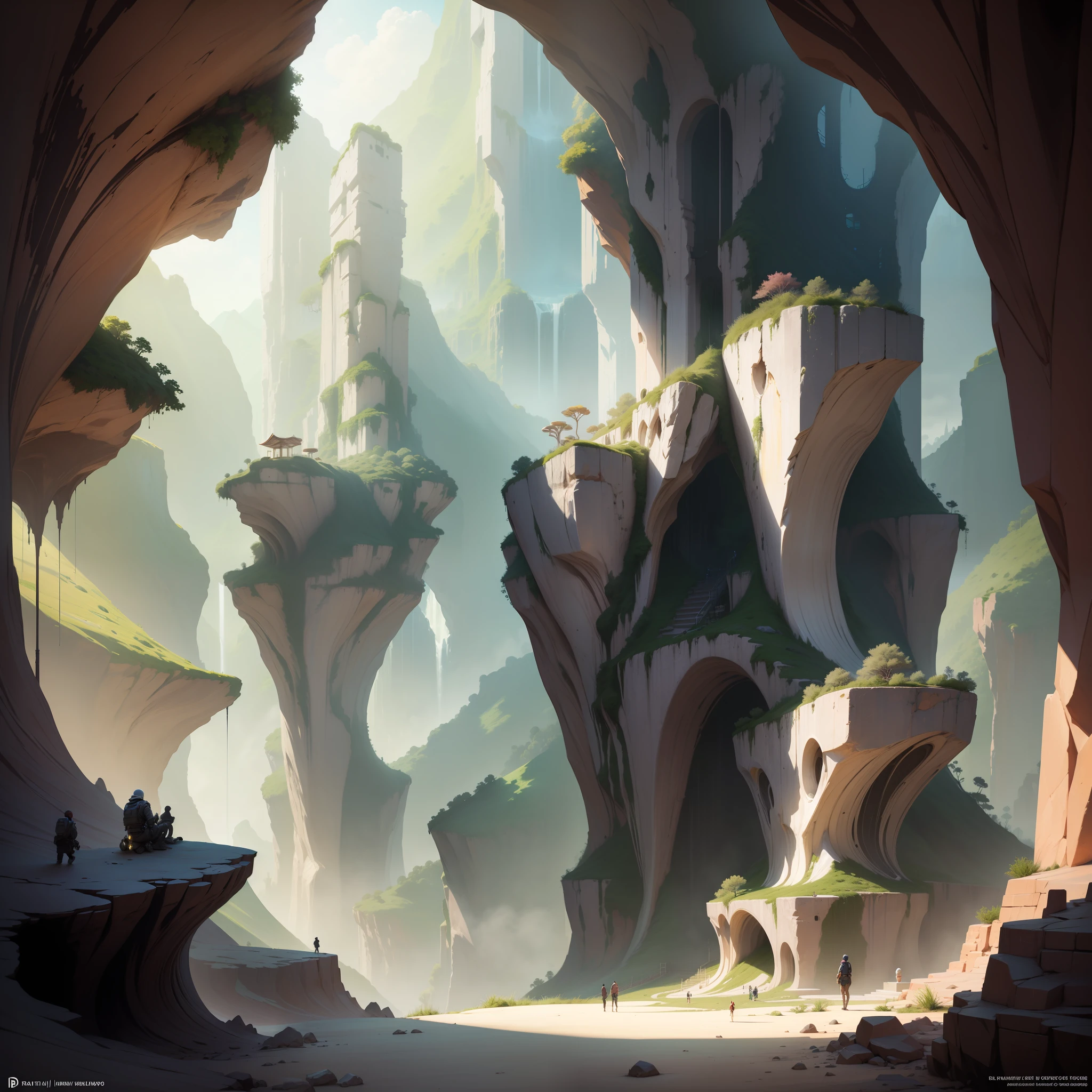 :an awesome sunny cheerful day environment concept art of Futuristic design of cave architecture interiors concept art on grand Canyon caves nature architecture, proportional,detailed, cave architecture nature meets futuristic architecture on a rainforest jungle cliff with huge waterfalls,Crepuscular rays, nature meets modern architecture in the style of Aries Moross, Rem Koolhaas,Daniel Libeskind, Jean Nouvel, Paolo Soleri,Toyo Ito and Philip Johnson with Dry brush drawing style ,Chiaroscuro village,cliff side residential area, mixed development,nature architecture,bright colors,high rise made up staircases, balconies, full of glass facades,carved from rocks, masterpiece, proportional, detailed, trending on artstation, beautiful lighting, realistic, intricate