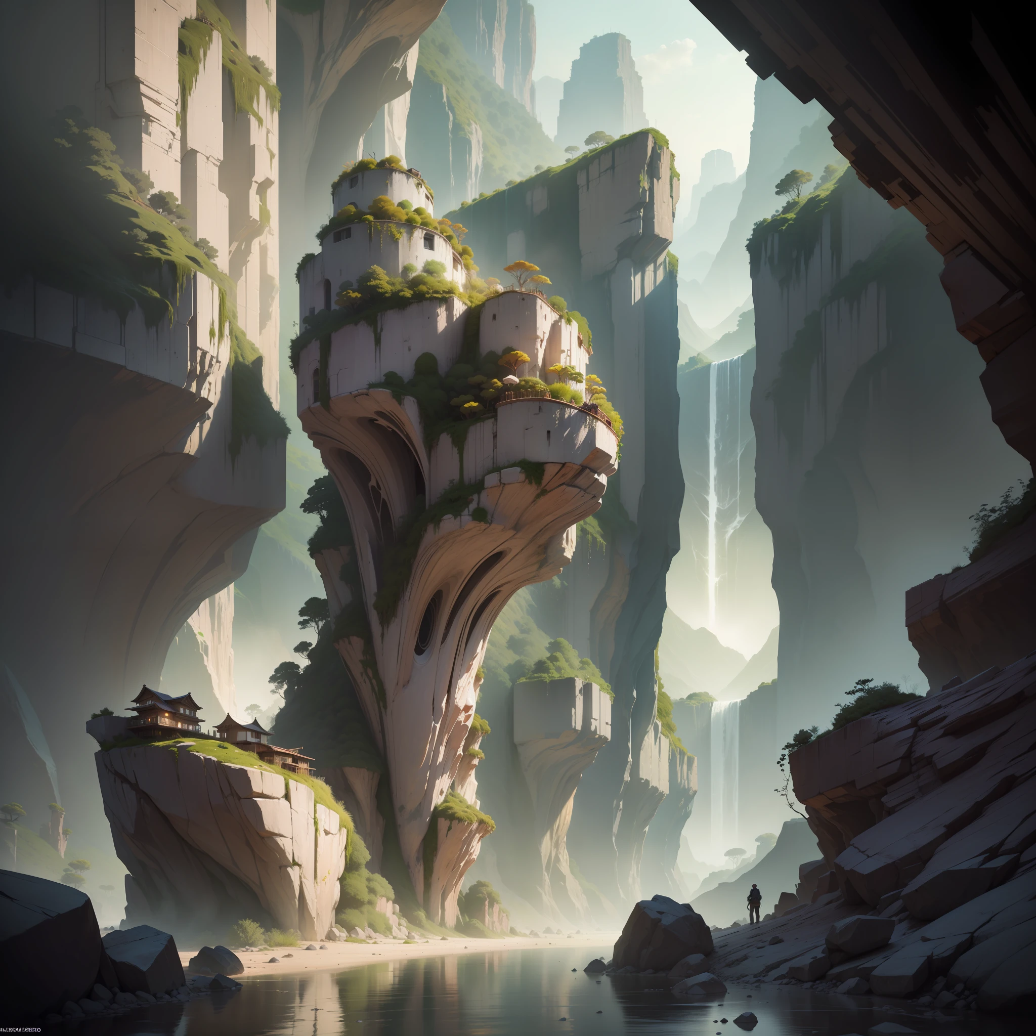 :an awesome sunny cheerful day environment concept art of Futuristic design of cave architecture interiors concept art on grand Canyon caves nature architecture, proportional,detailed, cave architecture nature meets futuristic architecture on a rainforest jungle cliff with huge waterfalls,Crepuscular rays, nature meets modern architecture in the style of Aries Moross, Rem Koolhaas,Daniel Libeskind, Jean Nouvel, Paolo Soleri,Toyo Ito and Philip Johnson with Dry brush drawing style ,Chiaroscuro village,cliff side residential area, mixed development,nature architecture,bright colors,high rise made up staircases, balconies, full of glass facades,carved from rocks, masterpiece, proportional, detailed, trending on artstation, beautiful lighting, realistic, intricate