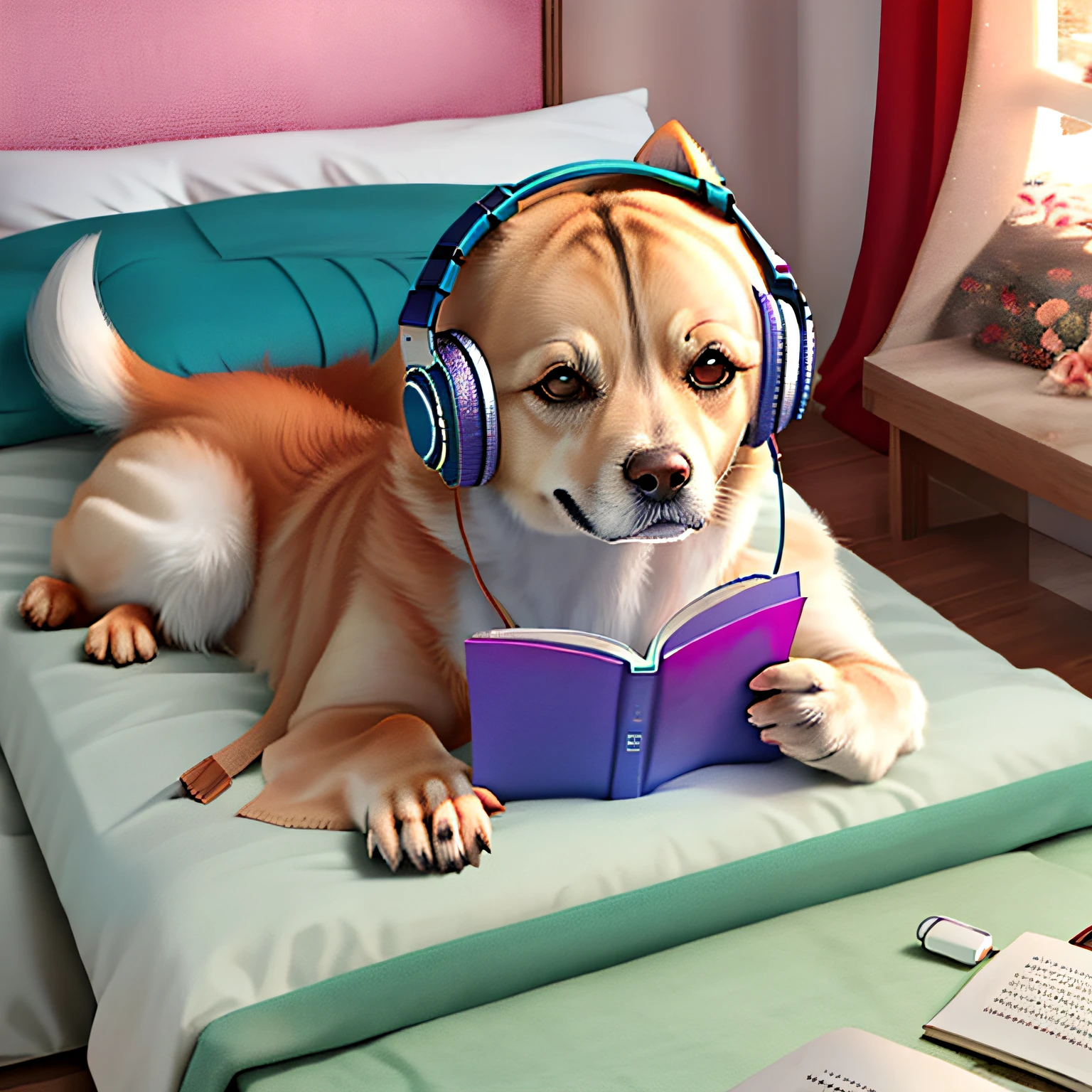 Room on the bed， with headphones，Reading，The dog is lying on its stomach