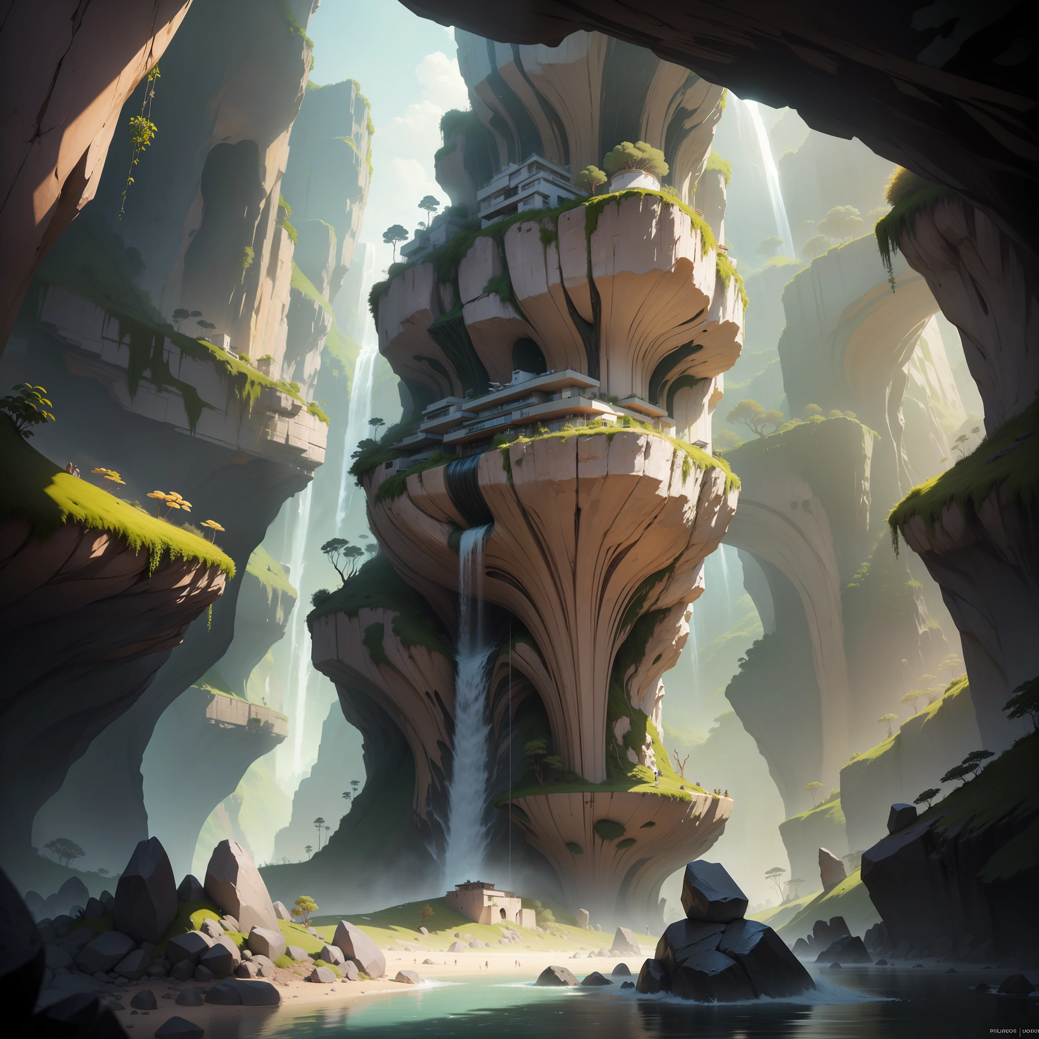 :an awesome sunny cheerful day environment concept art of Futuristic design of cave architecture interiors concept art on grand Canyon caves nature architecture, proportional,detailed, cave architecture nature meets futuristic architecture on a rainforest jungle cliff with huge waterfalls,Crepuscular rays, nature meets modern architecture in the style of Aries Moross, Rem Koolhaas,Daniel Libeskind, Jean Nouvel, Paolo Soleri,Toyo Ito and Philip Johnson with Dry brush drawing style ,Chiaroscuro village,cliff side residential area, mixed development,nature architecture,bright colors,high rise made up staircases, balconies, full of glass facades,carved from rocks, masterpiece, proportional, detailed, trending on artstation, beautiful lighting, realistic, intricate