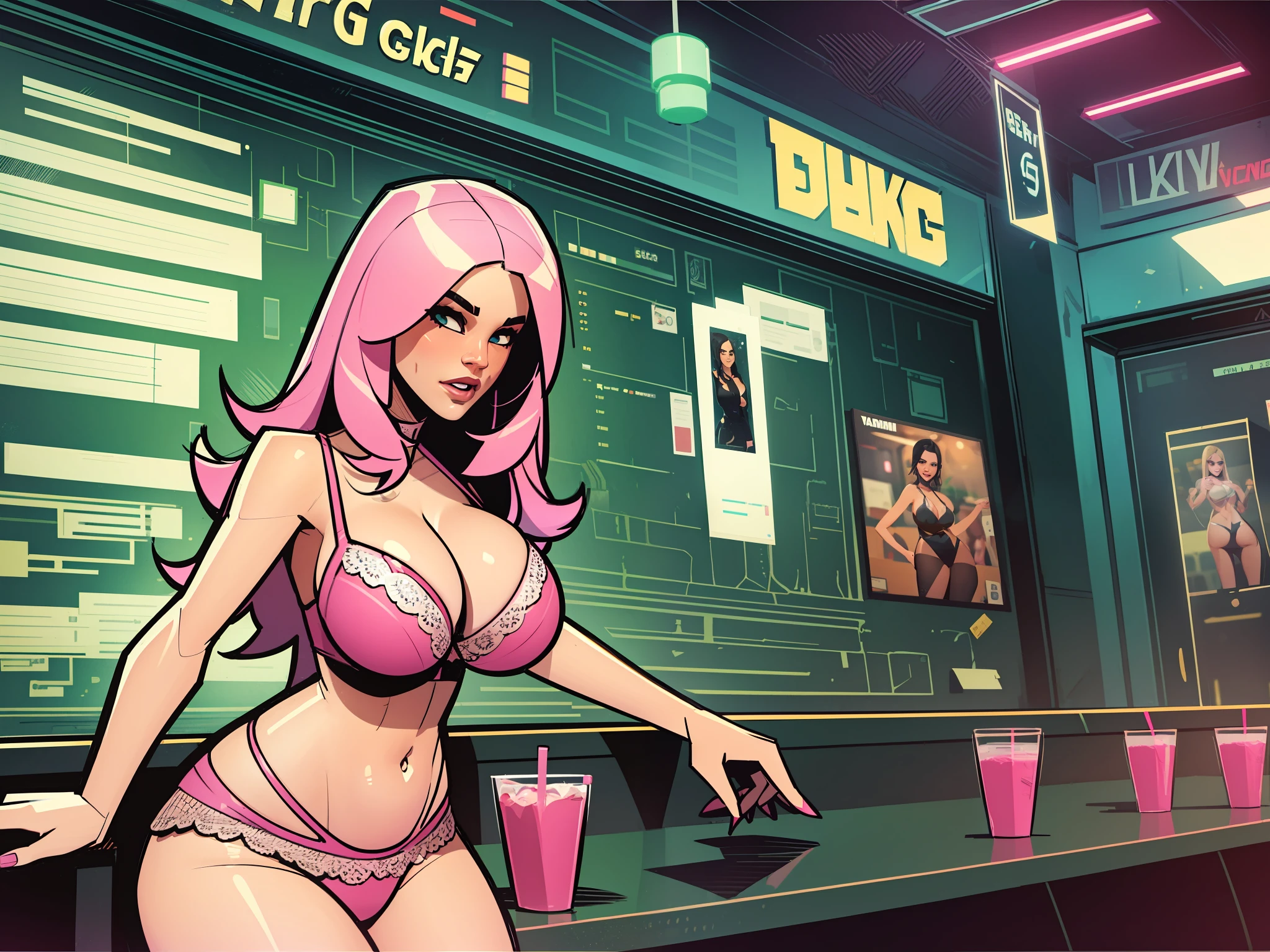 a loading scene from gta 5 of young teacher on a strip club, pink lingerie, cartoon drawing, cartoon style, comic, gta 5 art style