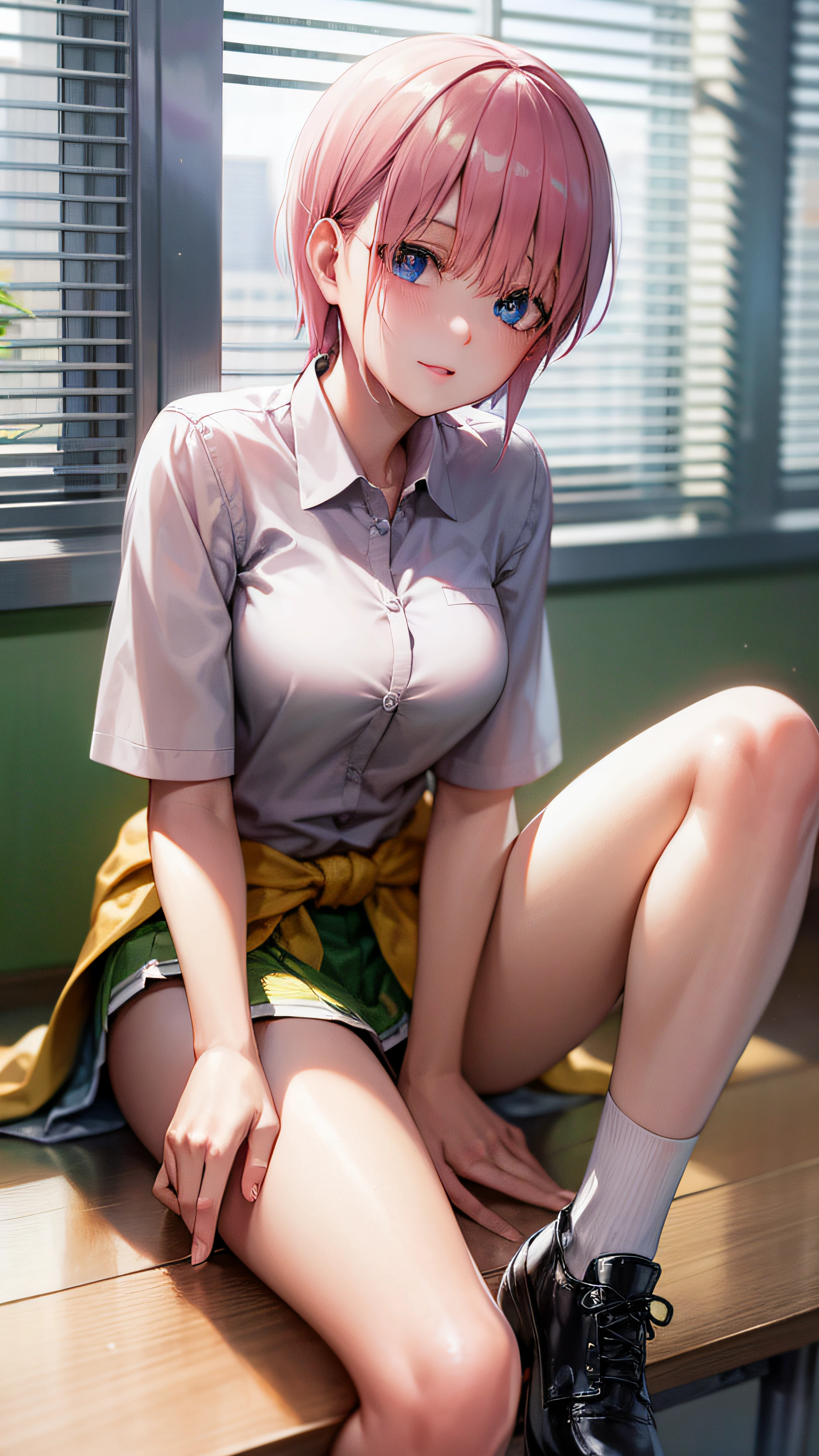 ichikanakano, ichika nakano, short hair, bangs, blue eyes, hair between eyes, pink hair,
BREAK skirt, shirt, school uniform, white shirt, short sleeves, pleated skirt, shoes, socks, collared shirt, black footwear, sweater, white socks, green skirt, loafers, clothes around waist,
BREAK indoors, classroom,
BREAK looking at viewer, BREAK (masterpiece:1.2), best quality, high resolution, unity 8k wallpaper, (illustration:0.8), (beautiful detailed eyes:1.6), extremely detailed face, perfect lighting, extremely detailed CG, (perfect hands, perfect anatomy),