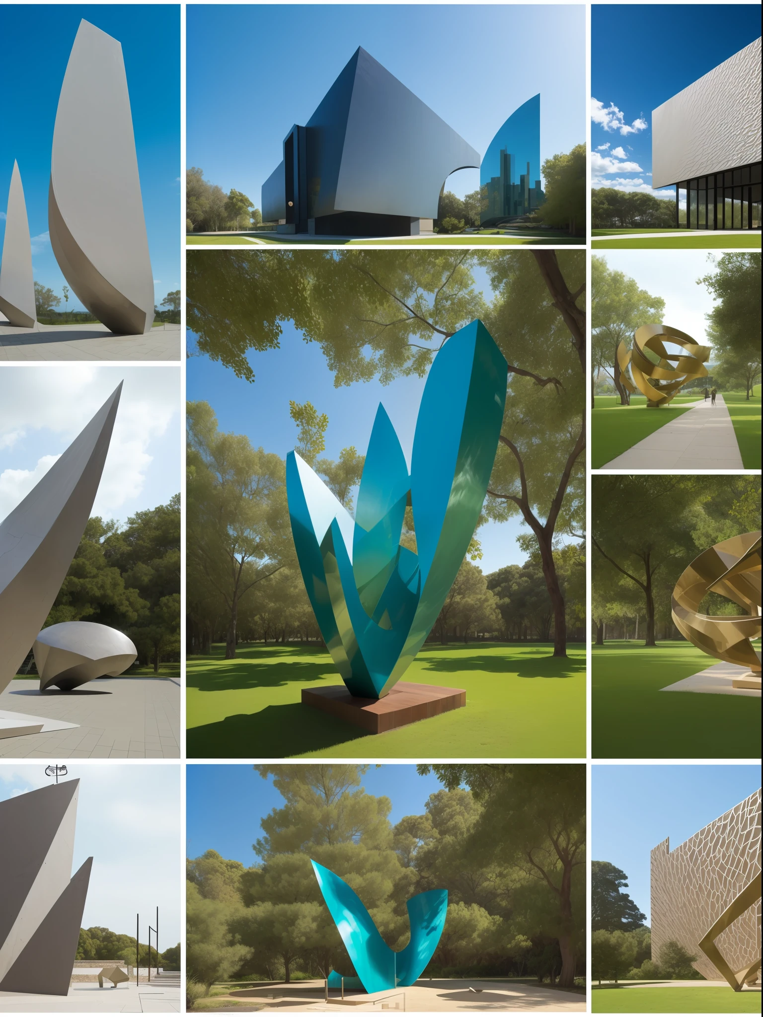 (masterpiece, best quality)),illustration,ultra detailed 8k, An illustration, ((Estilo collage)), (((multiple Tadao Ando's style buildings))), (((Mike Mignola's artistic style))), (Secciones), ((Colores desaturados)),big rocks, ((lago)), cacti, (nubes lisas), un puente, escalera, La Luna, Grandes edificios, abundant vegetation, Arbustos, (((big geometric sculptures))), hard shadows,