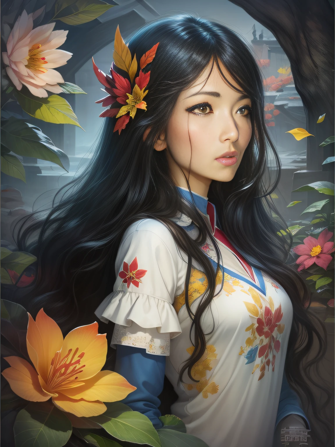 (8k, RAW photo:1.2),best quality, ultra high res,dramatic angle,(fluttered detailed color splashs), (illustration),(((1 girl))),(long hair),(rain:0.9),(hair ornament:1.4),there is an ancient palace beside the girl,chinese clothes,(focus on), color Ink wash painting,(color splashing),colorful splashing,(((colorful))),(sketch:0.8), Masterpiece,best quality, beautifully painted,highly detailed,(denoising:0.6),[splash ink],((ink refraction)), (beautiful detailed sky),moon,highly,detaild,(masterpiece, best quality, extremely detailed CG unity 8k wallpaper,masterpiece, best quality, ultra-detailed),(Lycoris radiata),