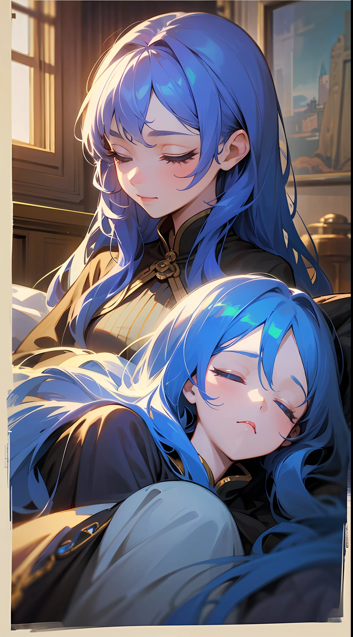 maximum quality、Intrincated detailed、8K、4K、Highresolution、Intrincated detailed、Long-haired girl with blue hair、Upper body is shown、Stone room、Sleeping in a frugal bed、(Fantasy world）、night、dim、