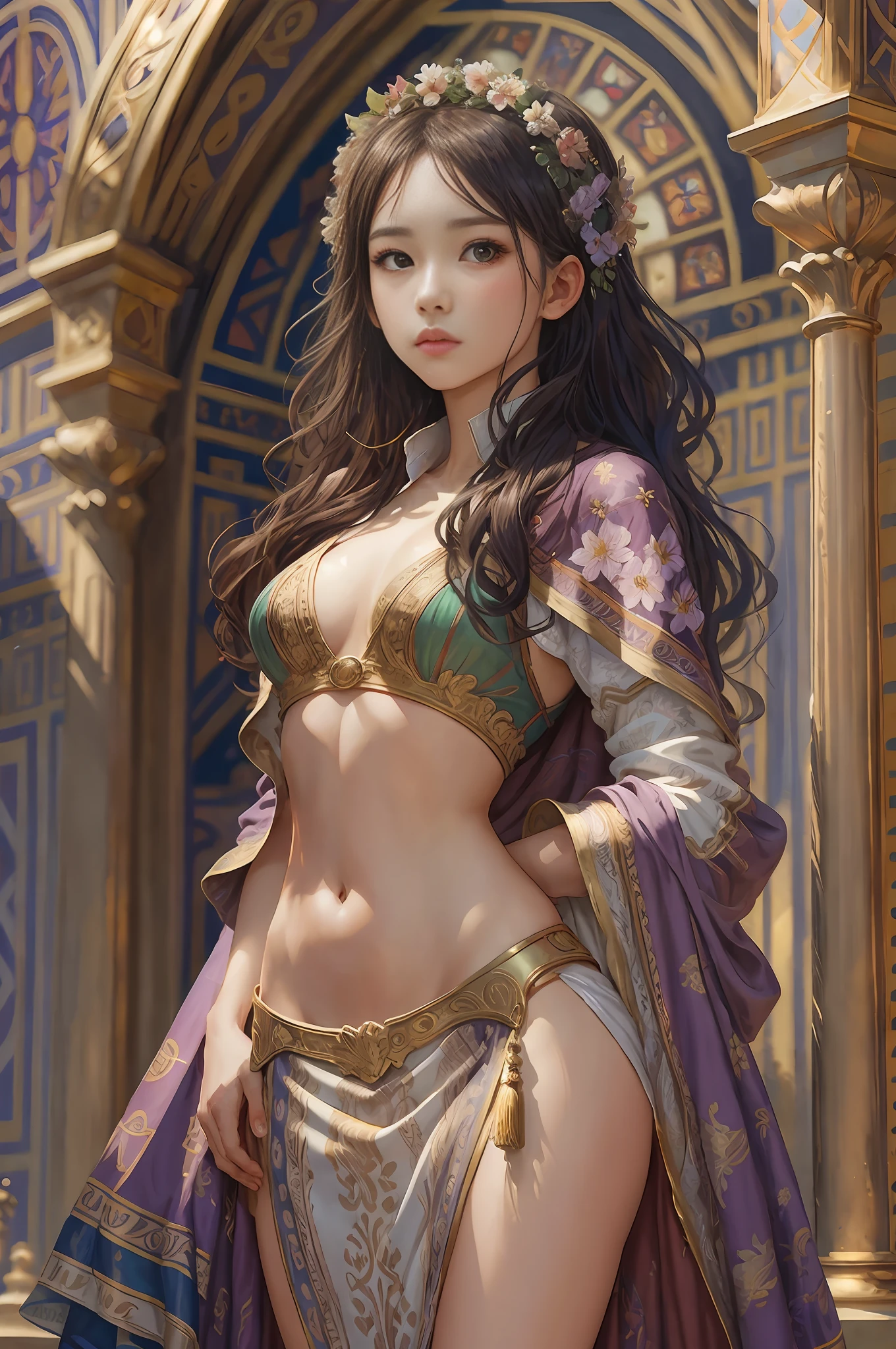 （Positive focus）,Hyperrealism Female Portrait by David Hockney and Alphonse Mucha,fantasy art,(Chateau de Versailles, Pisa Baptistery Of St. John background, Flowers,navel,crowd),photo realistic， Dynamic lighting， artstation， poster， volume illumination， Very detailed faces， 4 k， prizewinning， 1girl, Deep shadows， lowkey， cowboy lens， （Official clothing：1.4）， looks at the camera， Half-body shot，（（Realistic face））），