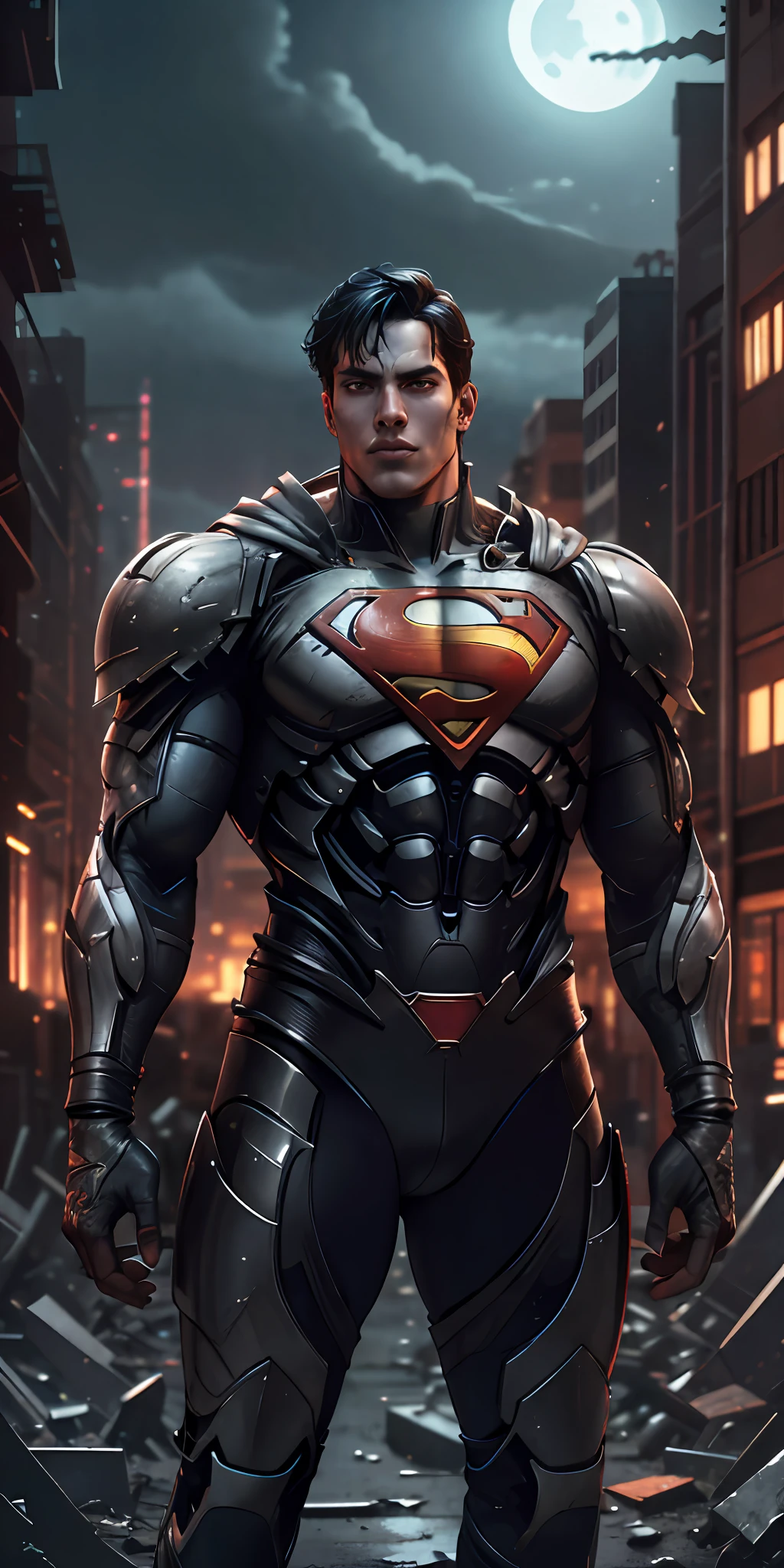 Superman high-tech stands imposing in a abandoned haunted ciberpunk city. Moonlight highlights your muscles and scars. The scenery is lush and mysterious, with dark city and surroundings. The camera details everything, a warrior woman, in front of him.