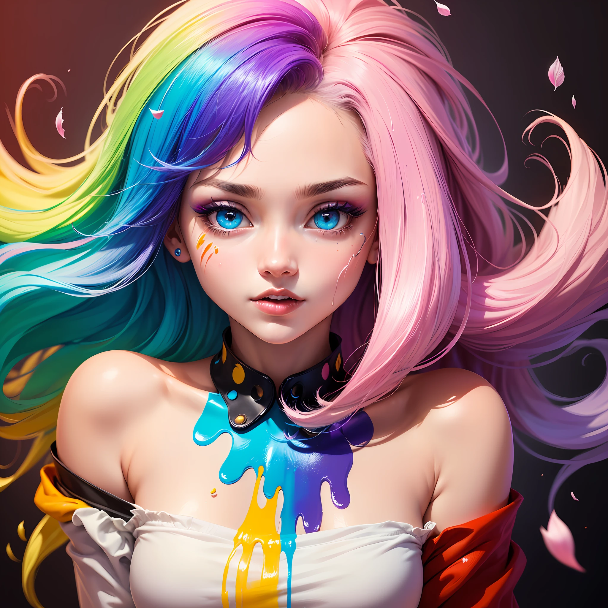 (Pink Fashion T-shirt:1.9),(Colorful hair: 1.8), (all the colours of the rainbow: 1.8),(((((vertical painting:1.6))), (painting:1.6),front, comics, illustrations, paintings, large eyes, crystal clear eyes,( rainbow color gradient high ponytail:1.7), exquisite makeup, closed mouth,(Small Fresh: 1.5),(Wipe Chest: 1.6) ,long eyelashes, white off shoulder T-shirt, White Shoulder Shirt,looking at the audience, large watery eyes, (rainbow colored hair:1.6), color splash, (solo:1.8), color splash, color explosion, thick paint style, messy lines, ((shining)),(colorful), (colorful), (colorful), colorful, Thick Paint Style, (Splash) (Color Splash), Vertical Painting, Upper Body, Paint Splash, Acrylic Pigment, Gradient, Paint, Highest Image Quality, Highest Quality, Masterpiece, Solo, Depth of Field, Face Paint, colorful clothes, (Elegant: 1.2), gorgeous,long hair, wind, (Elegant: 1.3), (Petals: 1.4),(((masterpiece))),(((best quality))),((ultra-detailed)),(illustration),(dynamic angle),((floating)),(paint),((disheveled hair)),(solo),(1girl) , (((detailed anima face))),((beautiful detailed face)),collar,bare shoulders,white hair, ((colorful hair)),((streaked hair)),beautiful detailed eyes,(Gradient color eyes),(((colorful eyes))),(((colorful background))),(((high saturation))),(((surrounded by colorful splashes))), --auto