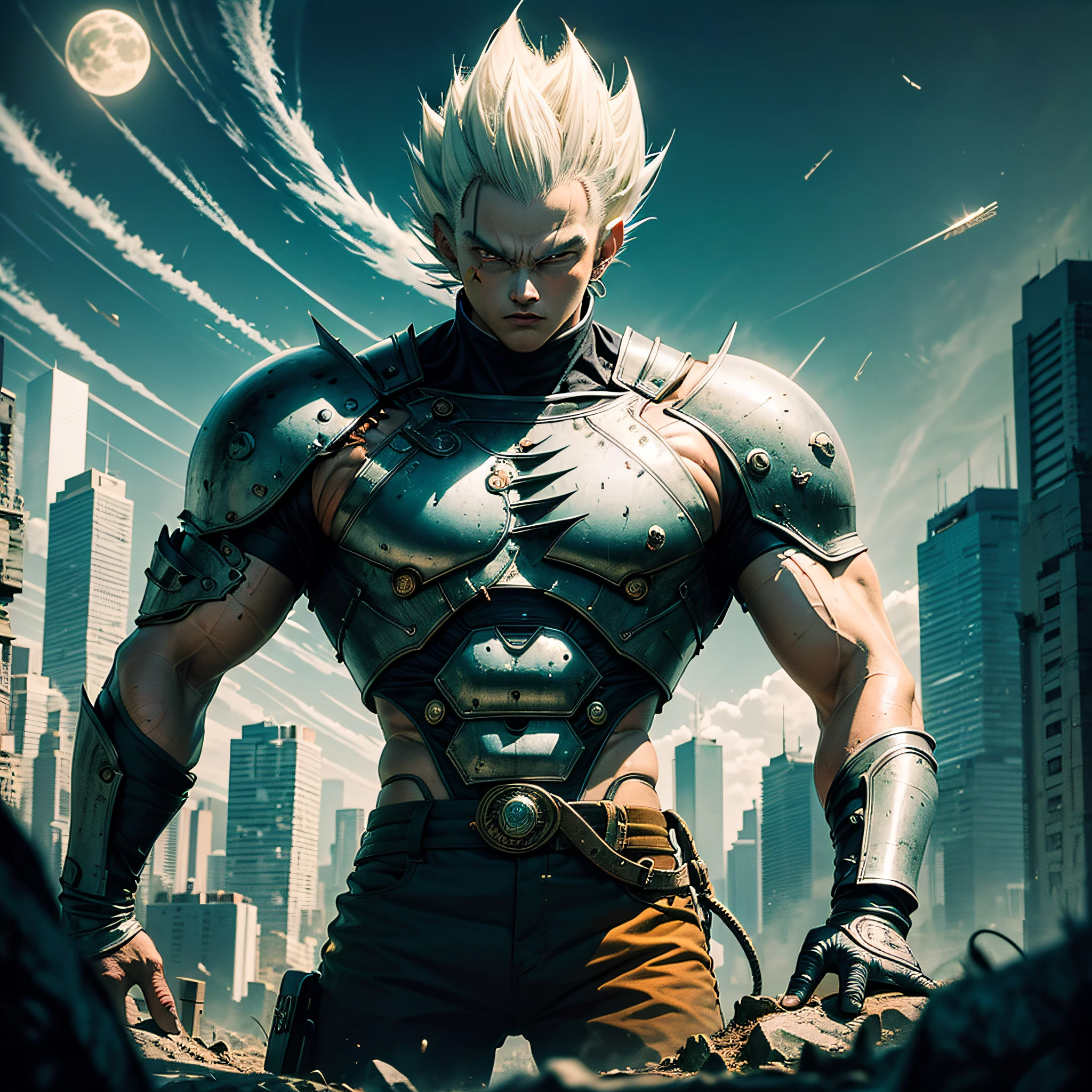 Vegeta, the 5, 20 year old super sayagin with fair skin is a true masterpiece of male beauty, anatomically perfect from the modern man standing tall in an abandoned haunted city. Moonlight accentuates your muscles and scars. The landscape is lush and mysterious, with the dark city. Surroundings. The camera details everything. When looking at beautiful eyes, having sexy eyes will attract the opposite His eyes are on the viewer, you can clearly see every little detail and every perfect line, every beautiful skin detail in 8K quality, everyone is captivated by the confidence that exudes from every glance. His head has white hair and his face is painted with meticulous detail using 8K quality images. Is a character in the series Dragon Ball Seven. gliulian art style, highly detailed official artwork, jin shan, official art --auto