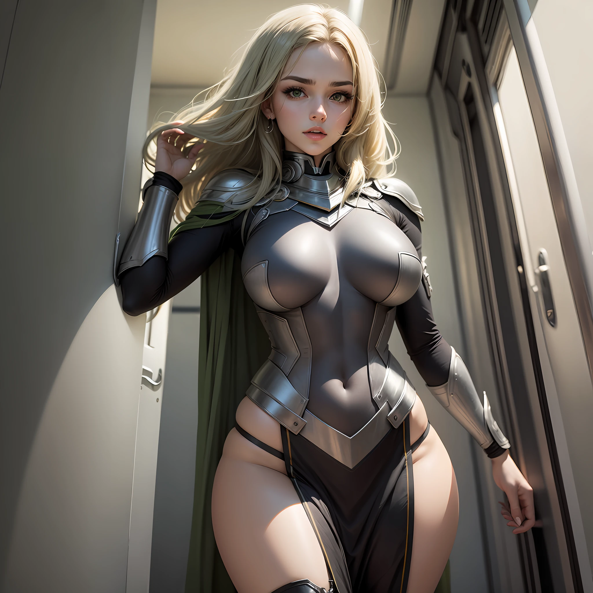Mulher de cabelo branco, com roupa de homem de ferro, olhos verdes, bunda grande, peito grande, arte, high-definition, no trem --auto