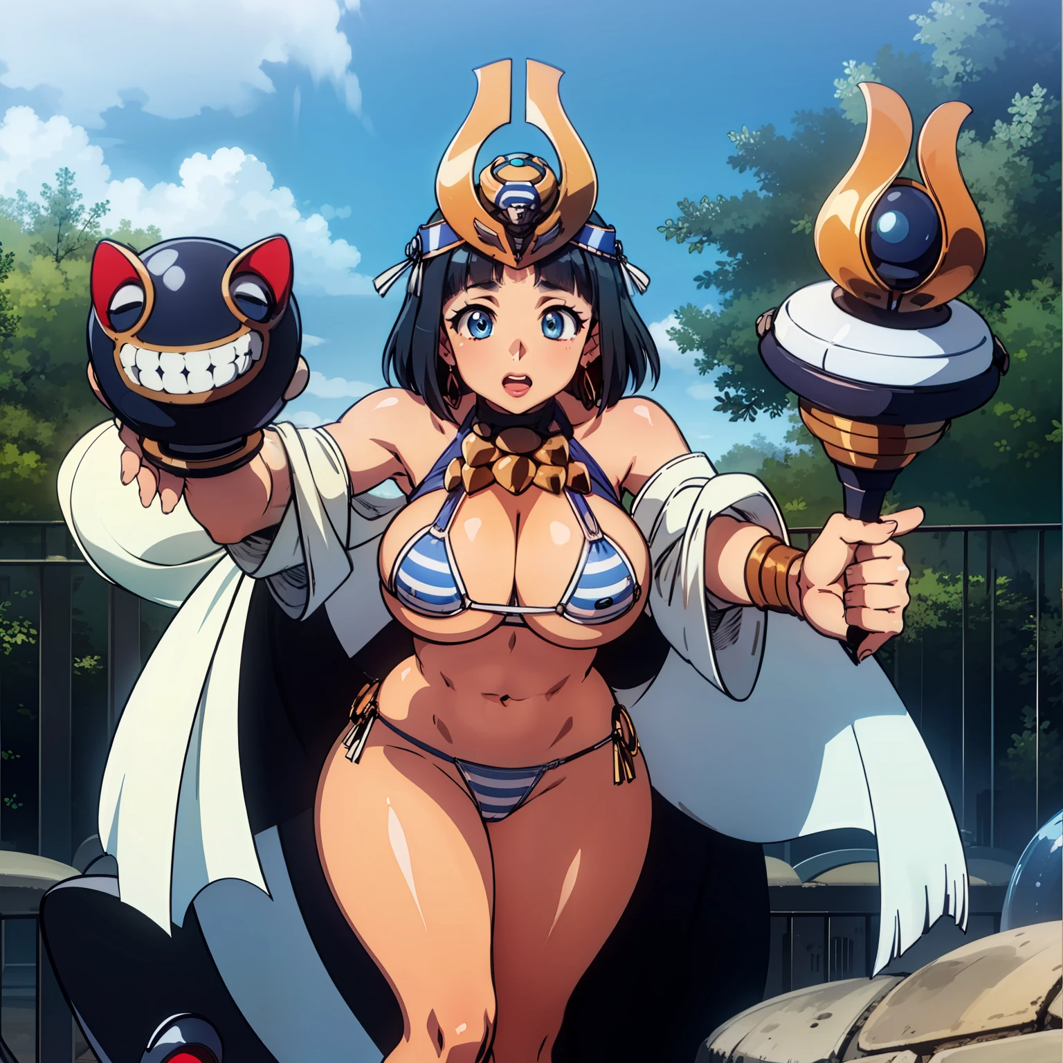 Menace, 1woman, blue eyes, crown, temple, detailed background, Bikini, see through skirt,