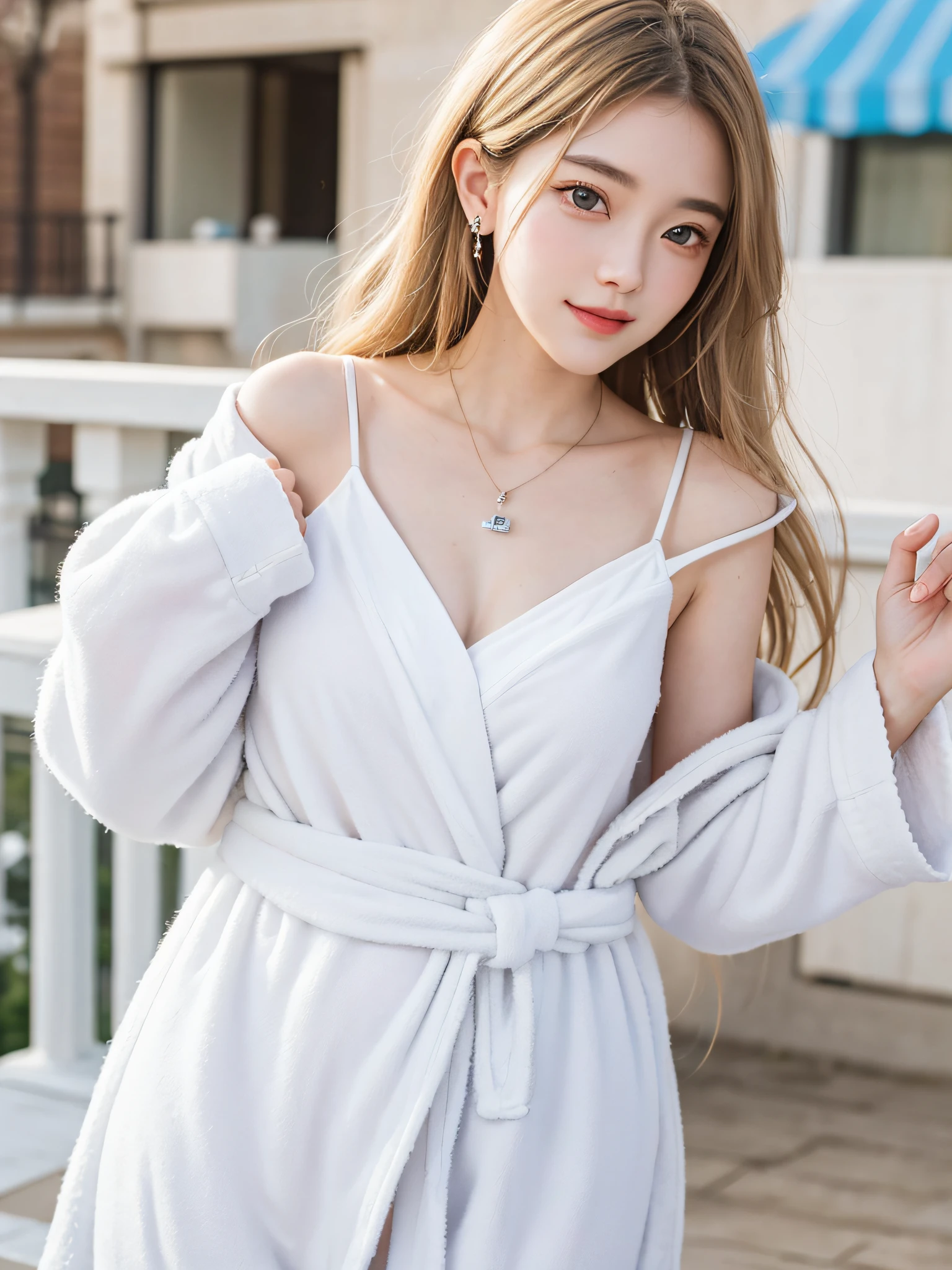 8k resolution, ultra HD, photo realistic, realism, 18 years old, beautiful and cute girl, best quality, a delicate beautiful girl, petite figure, big eyes with a god, long eyelashes, sweet eyes with lying silkworms, sweet smile, facial highlights, S-shaped body, sexy body, hot body, pendant, stud earrings, large curls, (light hair))), ((dressing gown_white))), shoulder clothes slide, outdoor, balcony, light, dynamic angle, photo: safety