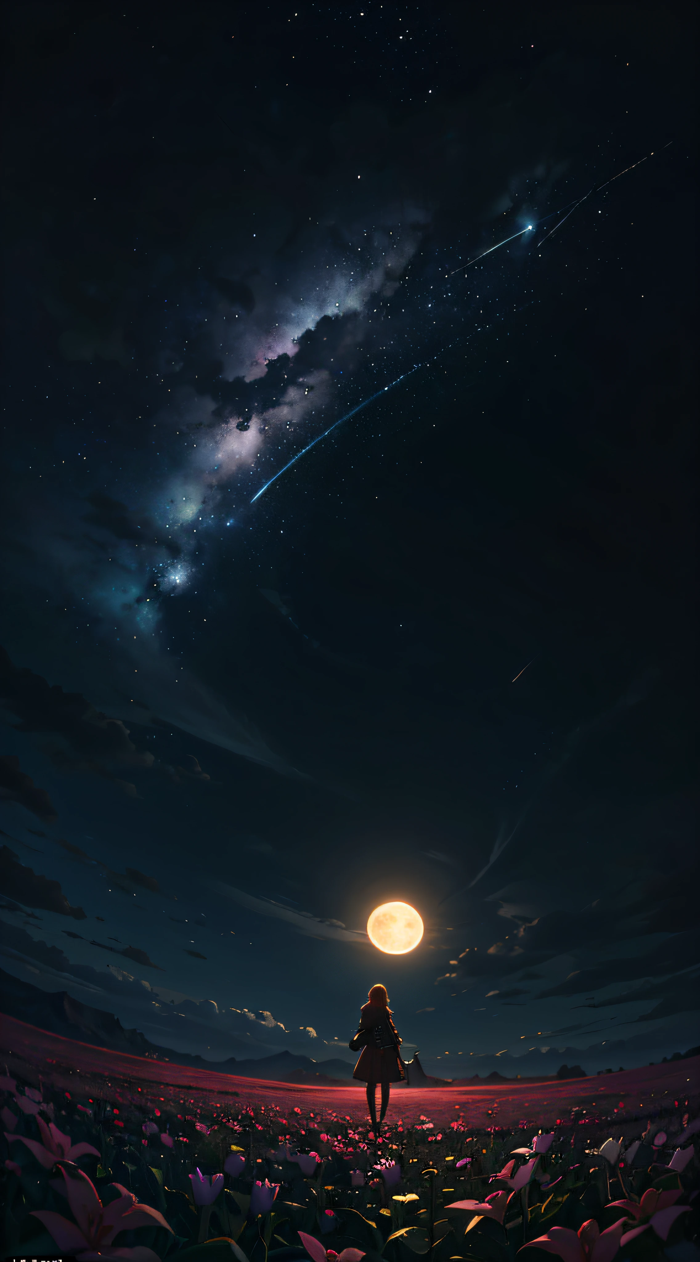 A wide landscape photo, (viewed from below, the sky is above, and the open field is below), a girl standing on a flower field looking up, (full moon: 1.2), (meteor: 0.9), (nebula: 1.3), distant mountains , Trees BREAK Crafting Art, (Warm Light: 1.2), (Firefly: 1.2), Lights, Lots of Purple and Orange, Intricate Details, Volumetric Lighting BREAK (Masterpiece: 1.2), (Best Quality), 4k, Ultra Detailed, (Dynamic Composition: 1.4), Rich in Detail and Color, (Rainbow Color: 1.2), (Glow, Atmospheric Lighting), Dreamy, Magical, (Solo: 1.2) --auto