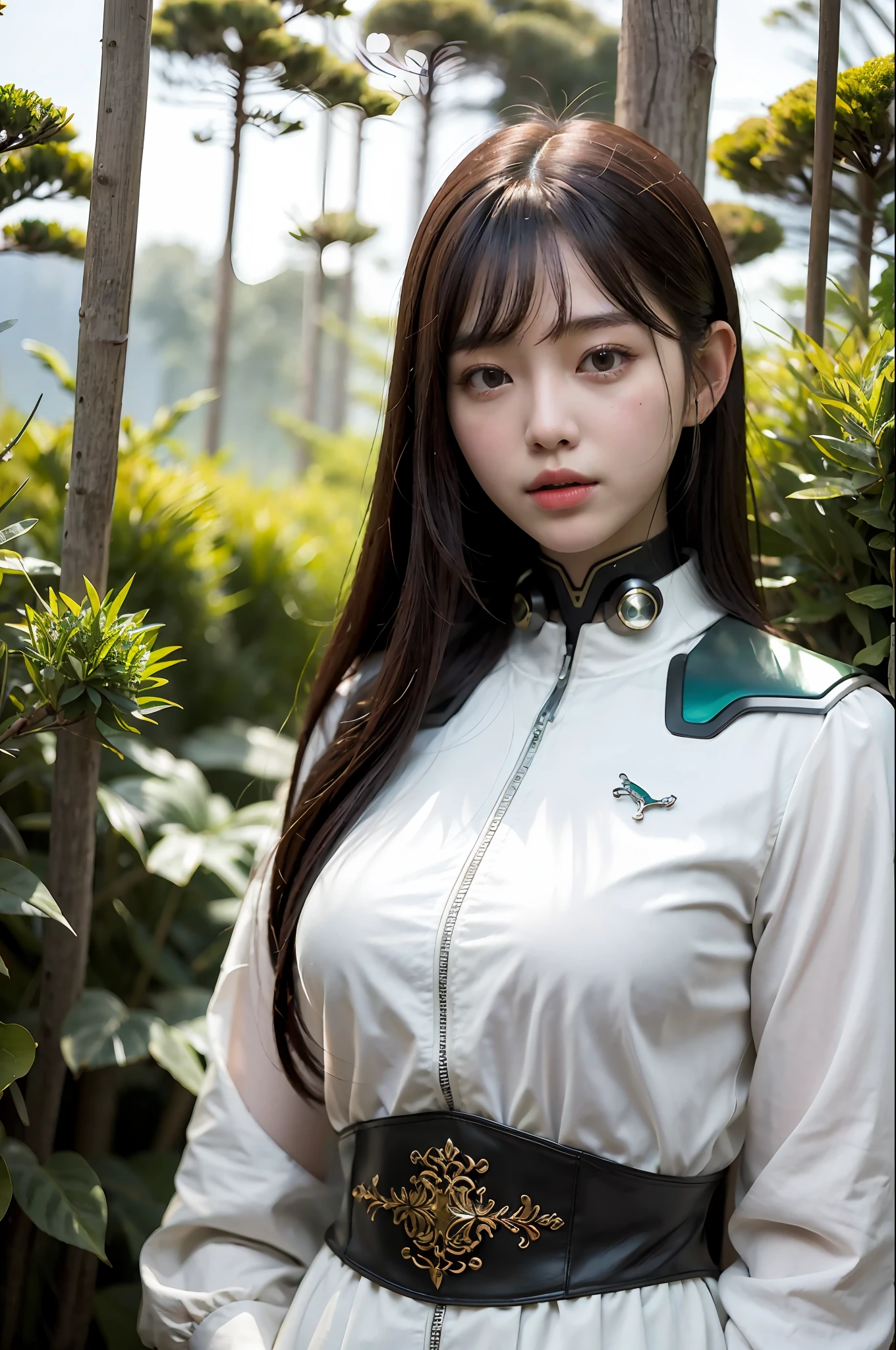 (best quality:1.4), intricate detailed, 20 years old korean girl, cyborg, detailed forest