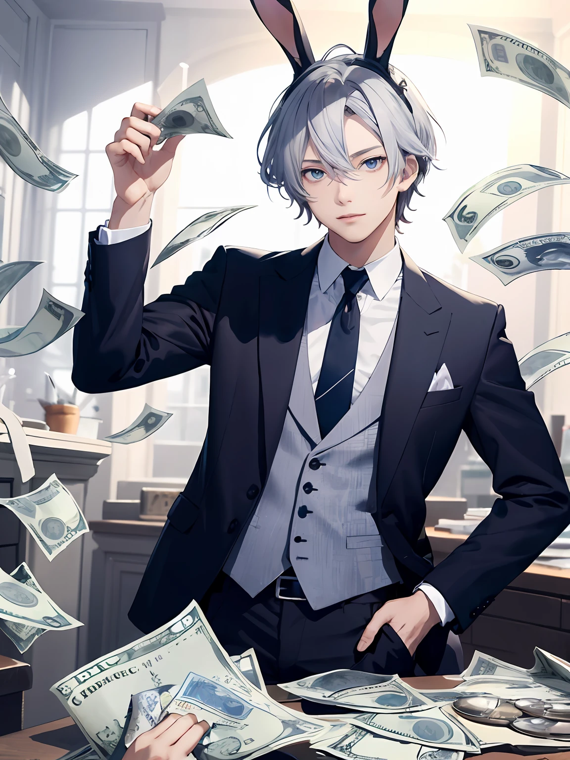 Illustrations、Cute Boy、Silver-haired blue-eyed rabbit ears、crown、Fantasy、solo、Rabbit ears、Rabbit ears、Flying bills、money、money、Bills flying around、Luxury、VR、money、suits、rich man、a guy、ikemen