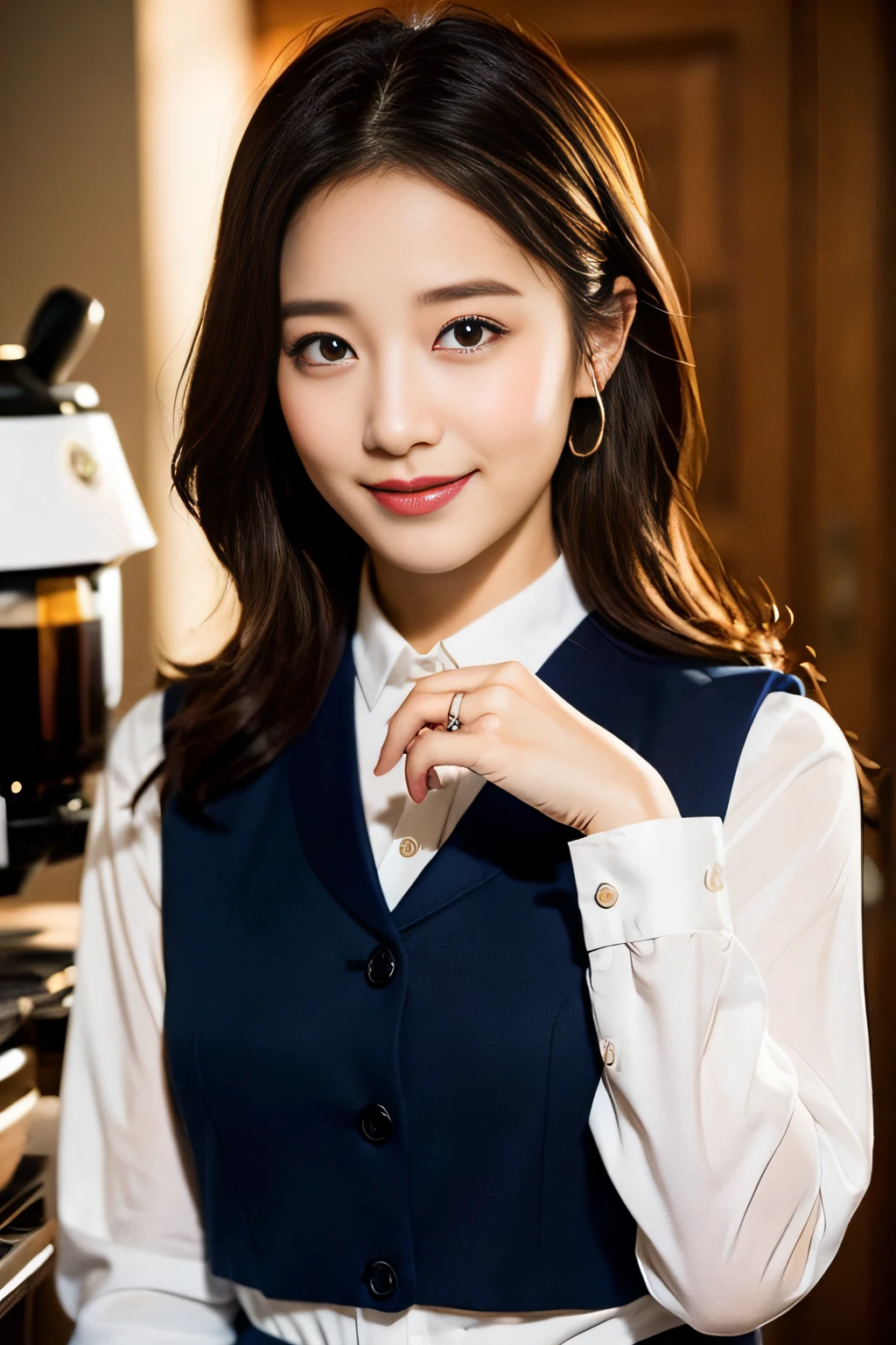 Sorrisos、Navy blue vest、White blouse、caffe