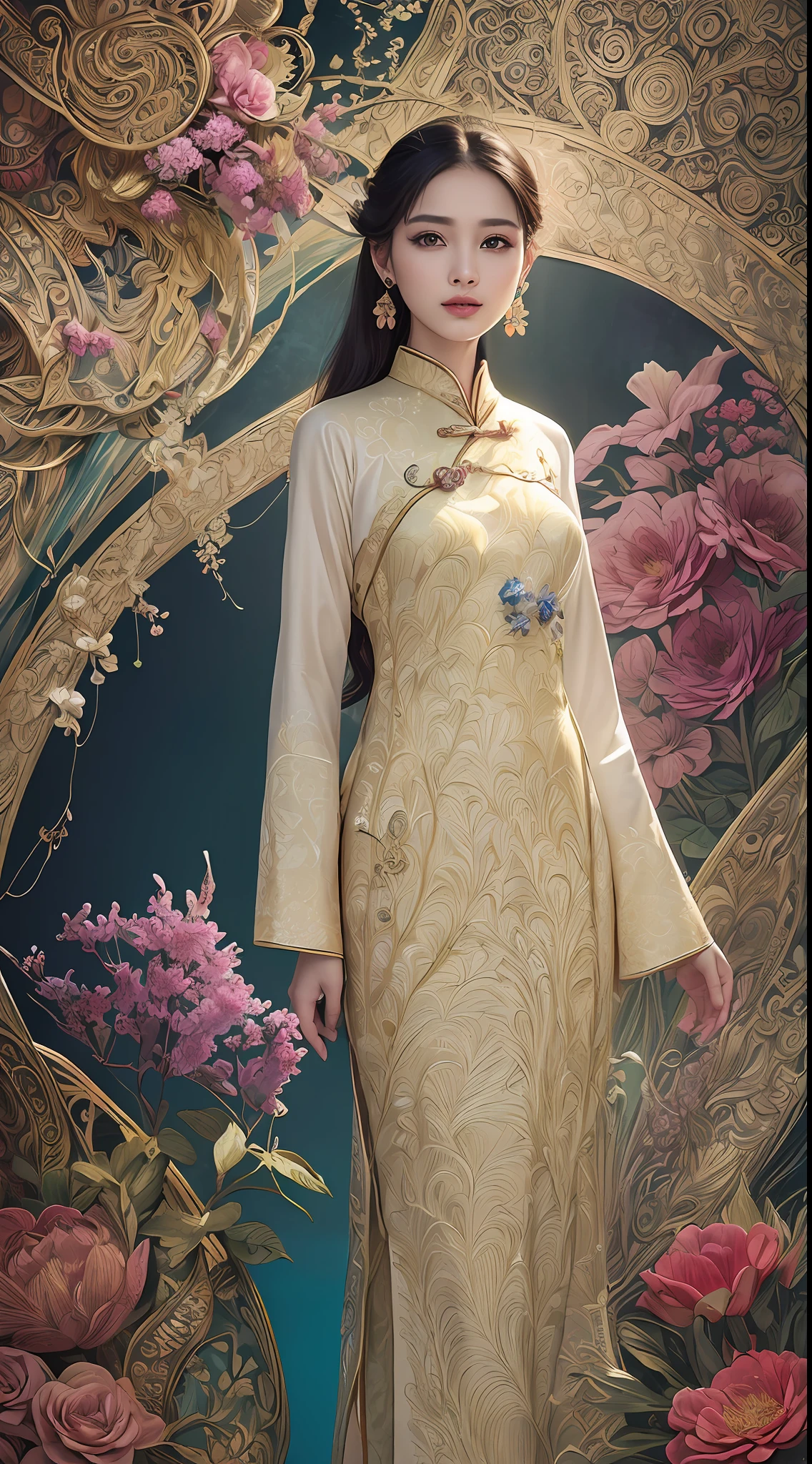 (masterpiece, top quality, best quality, official art, beautiful and aesthetic:1.2), (a beautiful girl in vintage aodai:1.3), extremely detailed,(fractal art:1.1),(colorful:1.1)(flowers:1.3),highest detailed,(zentangle:1.2), (dynamic pose), (abstract background:1.3), (vietnam Traditional cloth:1.2), (shiny skin), (many colors:1.4), ,(earrings:1.4),