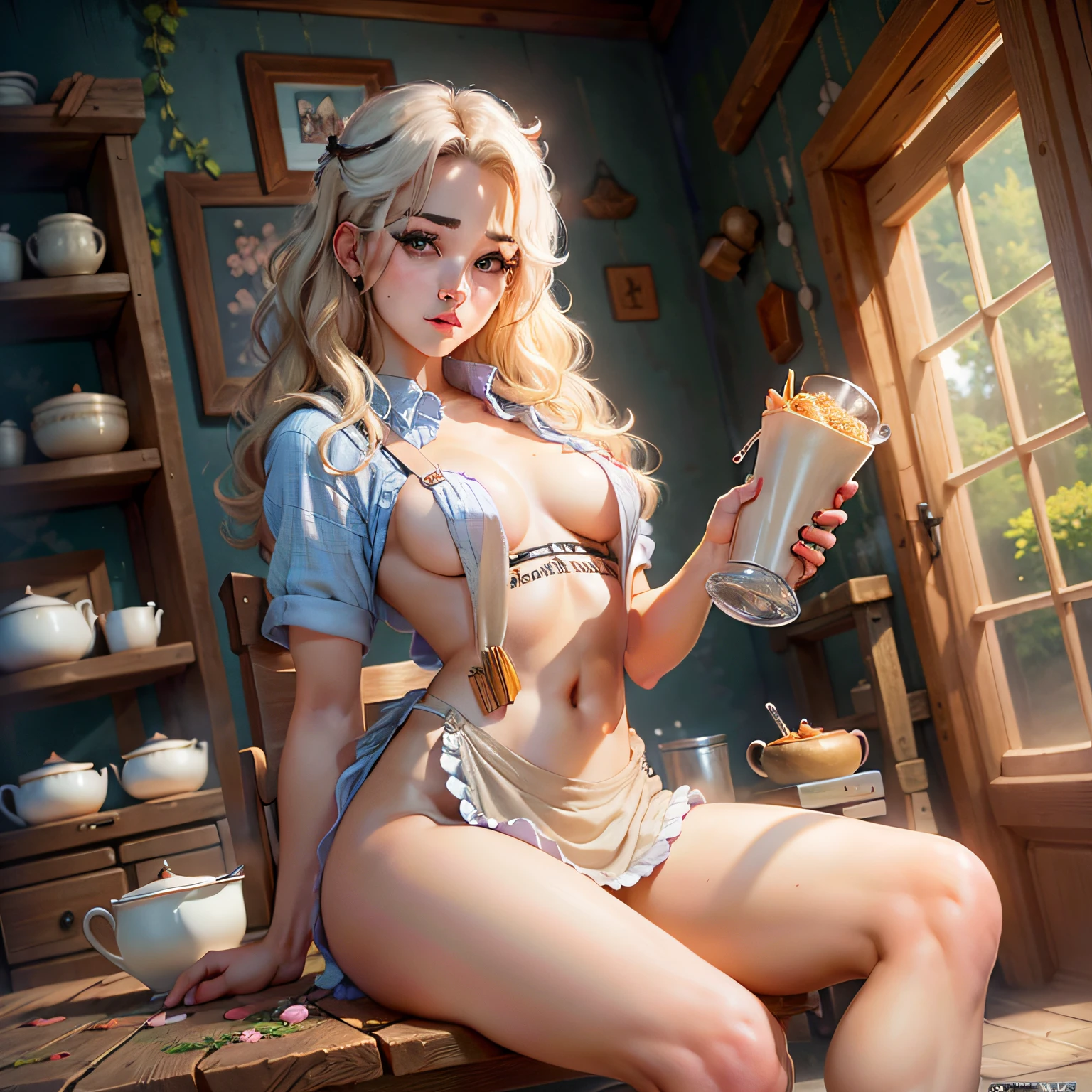 (hyperrealistic), (illustration), (high resolution), (8K), (extremely detailed), (best illustration), (beautiful detailed eyes), (best quality), (super detailed), (masterpiece), (wallpaper), (detailed face), solo, (dynamic pose), 1 girl, white wavy hair on the chair, korean, heterochromic eyes, small moles under the eyes, ((short apron)), medium breasts, long legs, tightens abs, (camel toes), (no panties), (no bra)