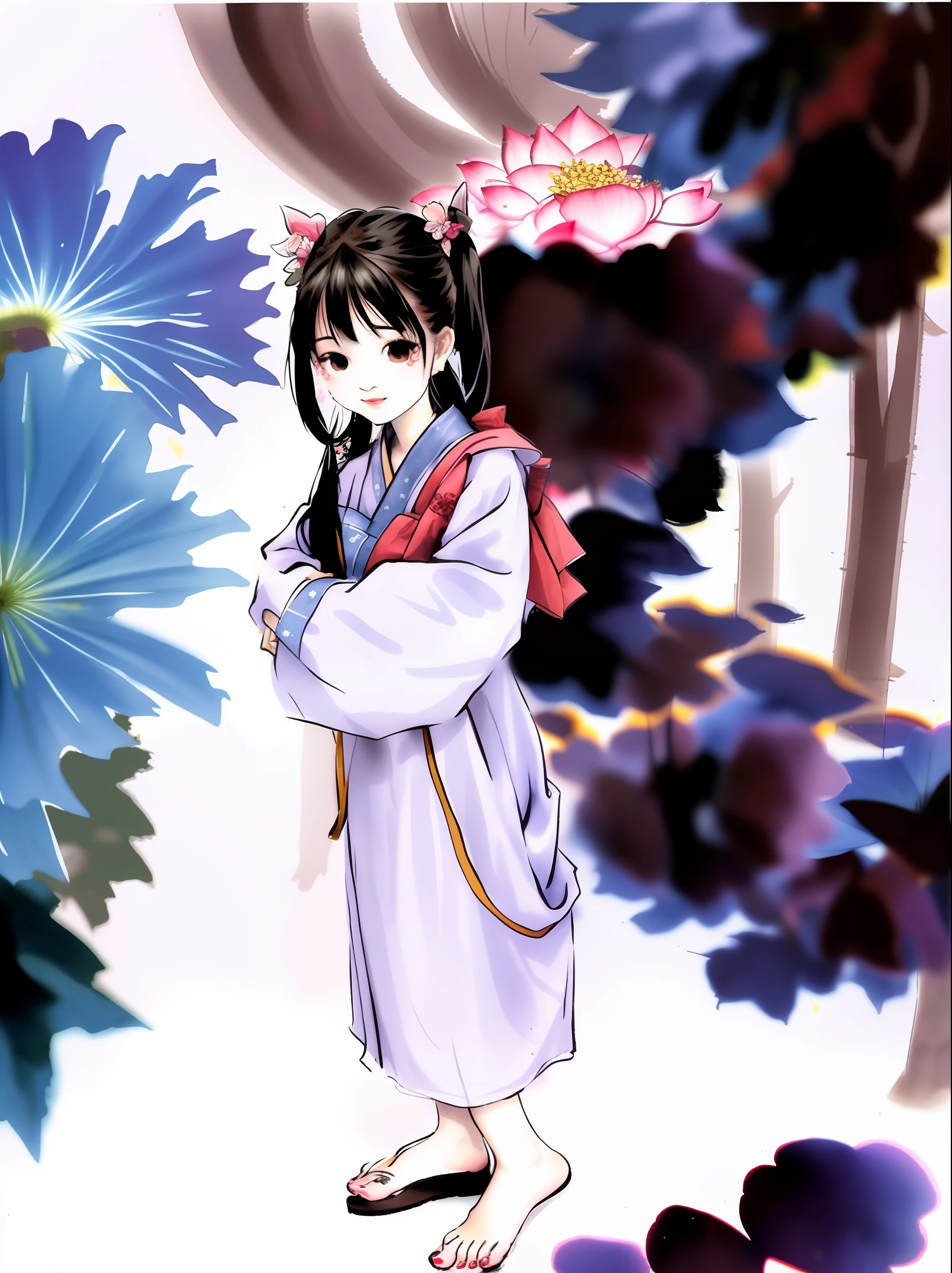Chinese painting, lotus, hanfu, maxiskit, dress conservatively 1girl, solo, long blue hair, smile, standing, feet in water, barefoot,