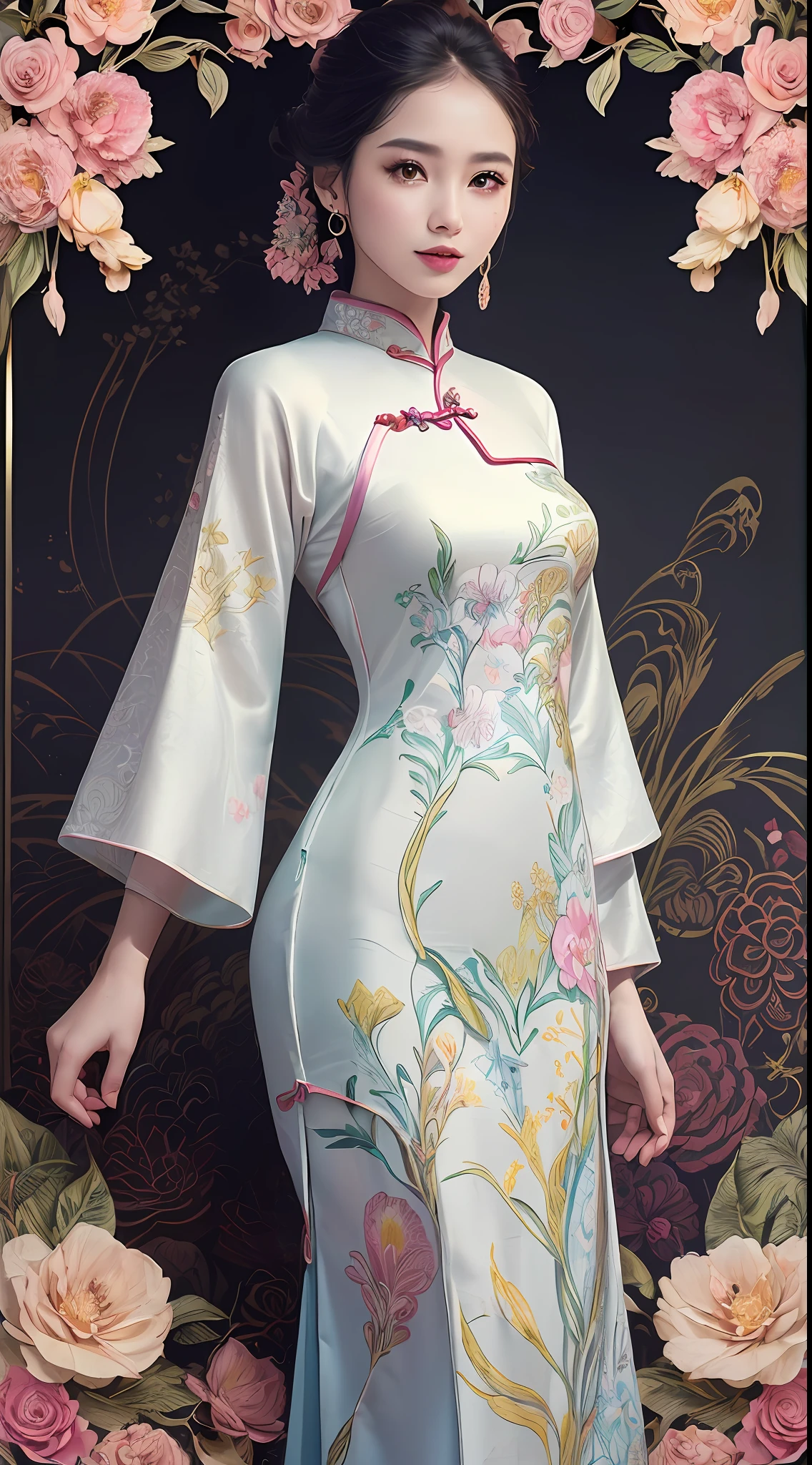 (masterpiece, top quality, best quality, official art, beautiful and aesthetic:1.2), (a beautiful girl in vintage aodai:1.3), extremely detailed,(fractal art:1.1),(colorful:1.1)(flowers:1.3),highest detailed,(zentangle:1.2), (dynamic pose), (abstract background:1.3), (vietnam Traditional cloth:1.2), (shiny skin), (many colors:1.4), ,(earrings:1.4),