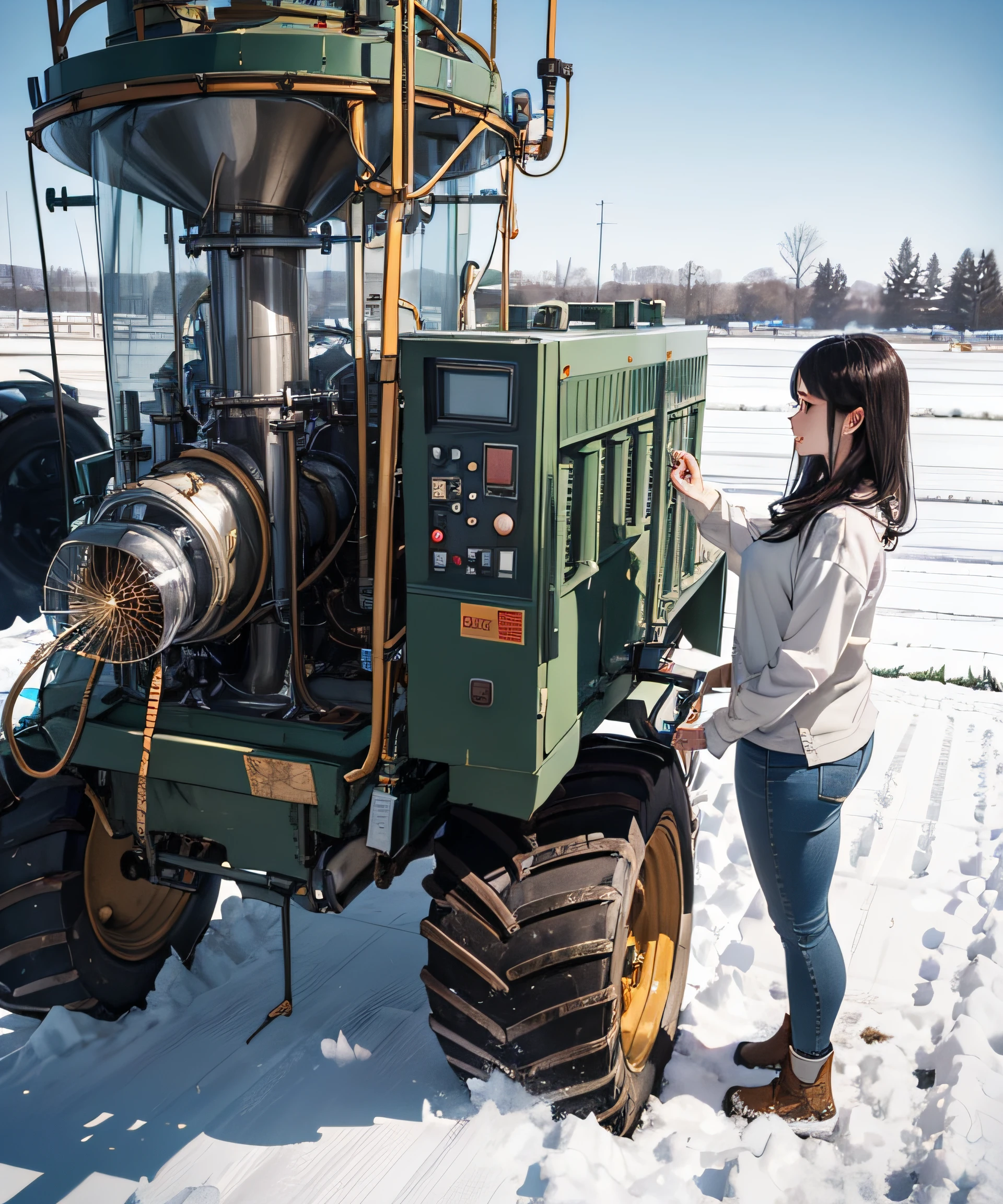 masterwork、Realstic、maximum quality、photorealestic、Beautiful woman in jeans in country costume opens control panel and peeks inside to inspect a huge agricultural machine with many pipes and nozzles with high technology in a vast farm in a snowy field