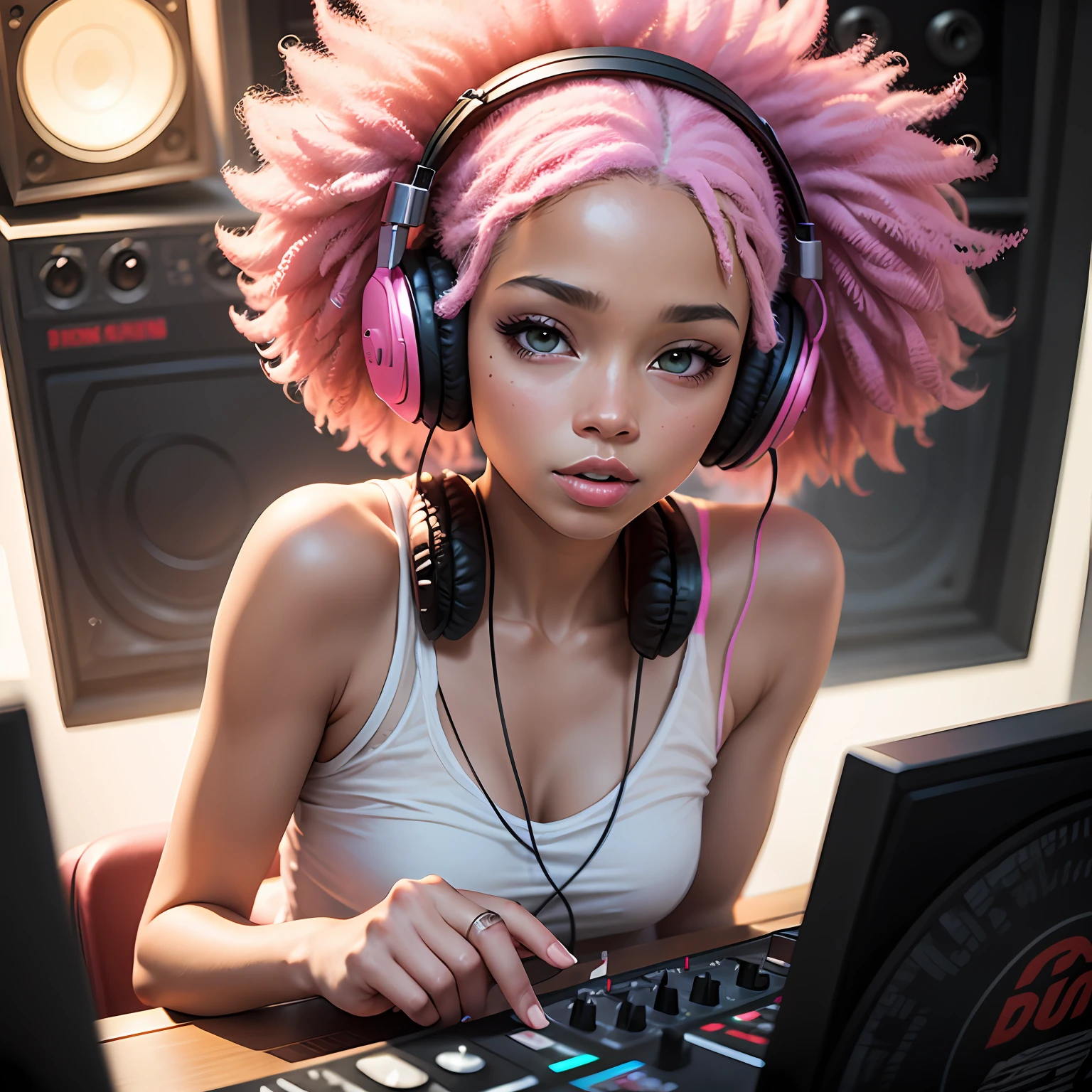 illutstration　Chill DJ Pink　woman with　afro　headphones　scratch --auto