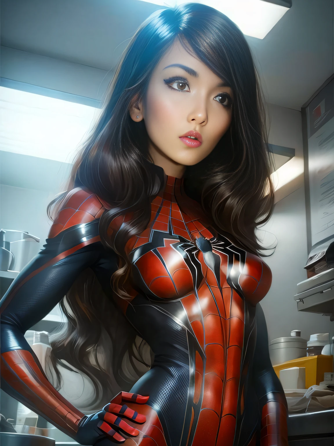 Beautiful woman detailed defined body using spider man cosplay, small breasts