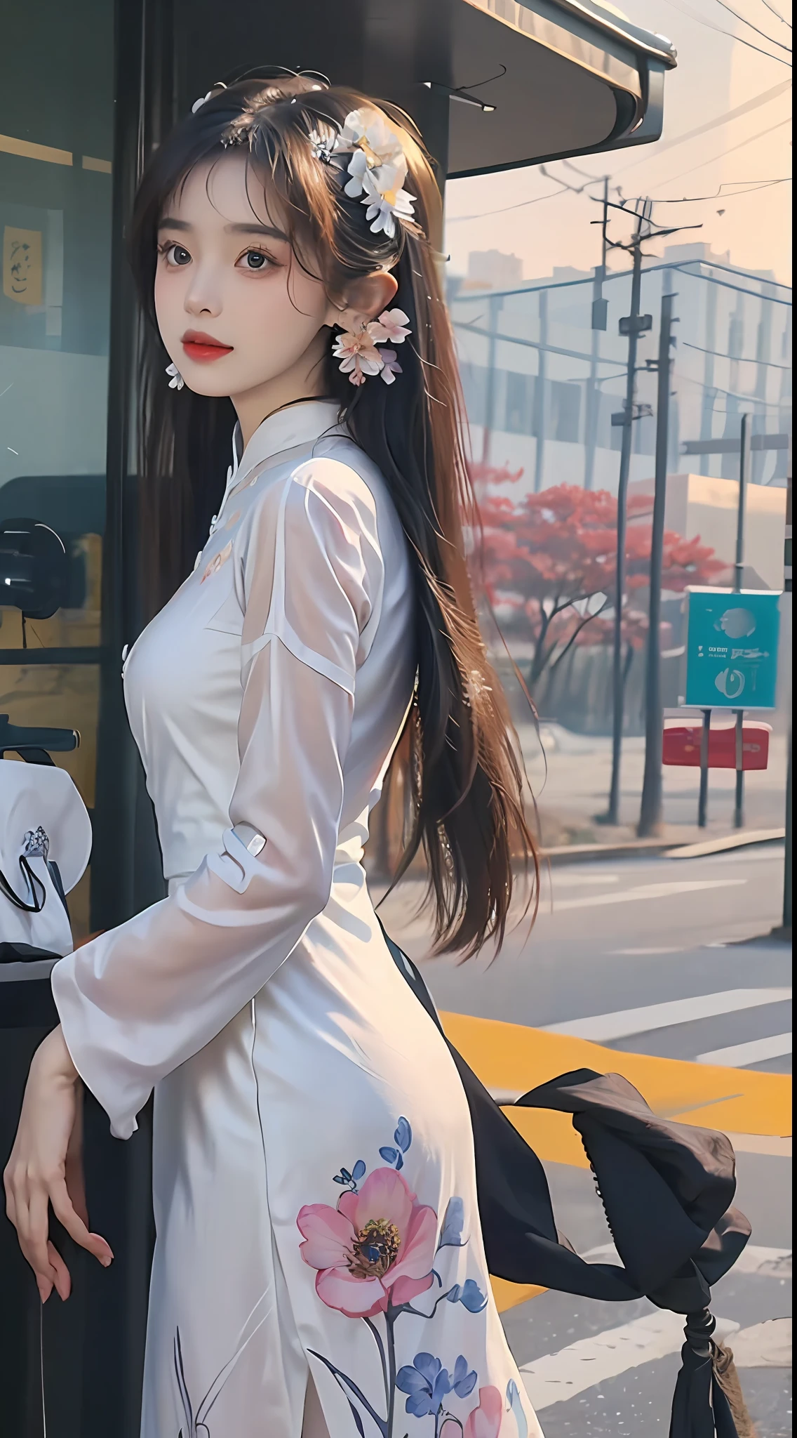 (masterpiece, top quality, best quality, official art, beautiful and aesthetic:1.2), (a beautiful girl in vintage aodai:1.3), extremely detailed,(fractal art:1.1),(colorful:1.1)(flowers:1.3),highest detailed,(zentangle:1.2), (dynamic pose), street, cyberpunk, (vietnam Traditional aodai:1.2), (shiny skin), (many colors:1.4), ,(earrings:1.4),