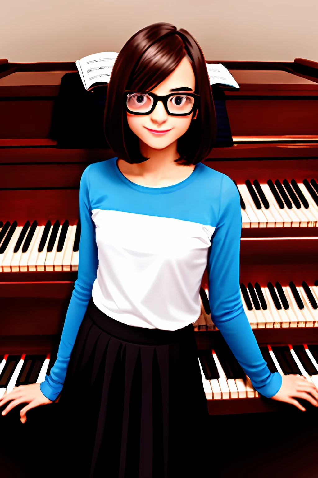 1girls， Black eyes， Brunette Hair，shorter hair，eye glass，piano, Music，long sleeve，Long skirt， master-piece，the best qualityt