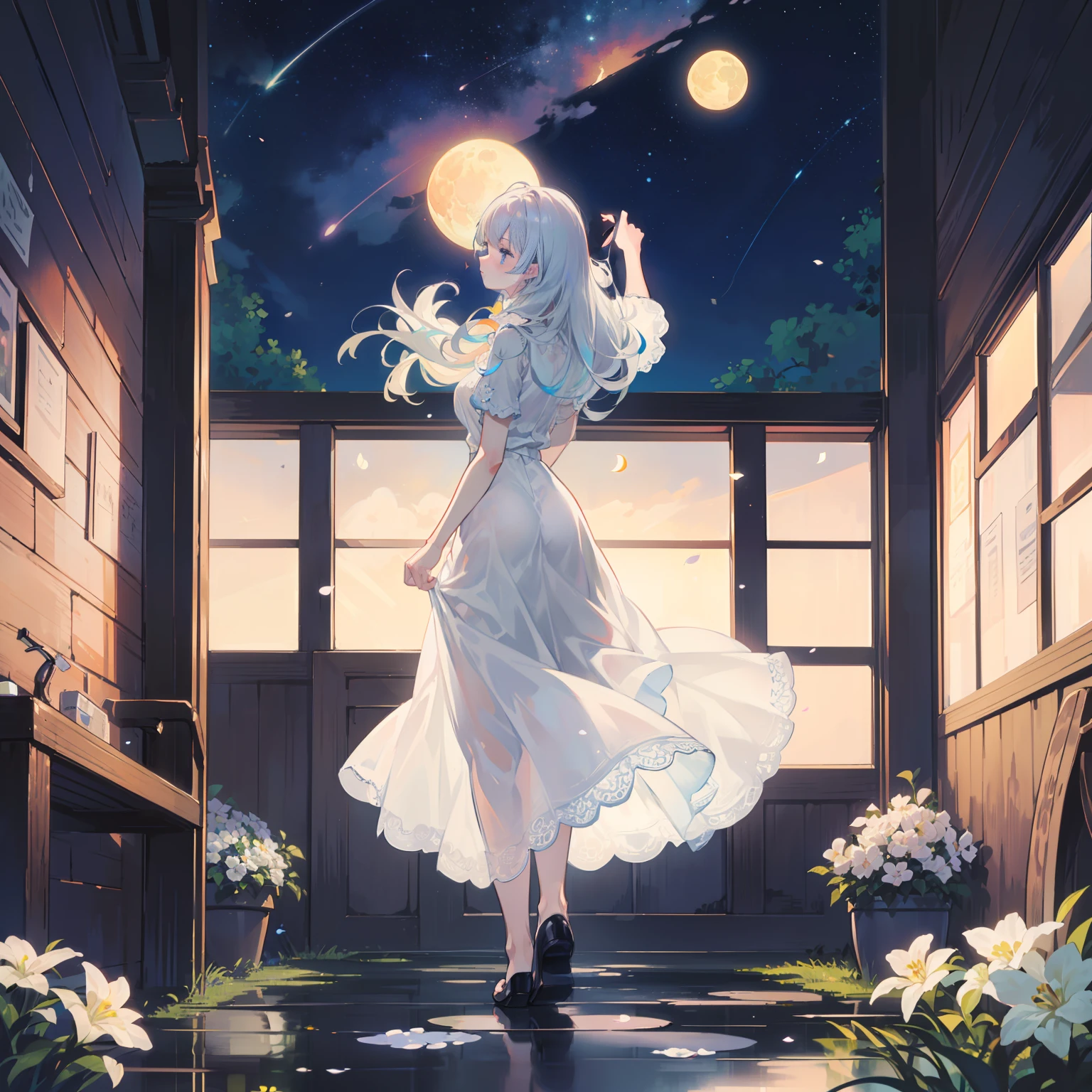 Open landscape , Landscape , Panoramic shot , (Looking up and down) , Girl in flower garden looking up , (Full moon: 1. 2) , (Shooting star: 0. 9) , (Nebula: 1. 3) , Starry sky , White flower garden , Shining flower garden , Fantastic flower garden , Trees , (Warm light source: 1. 2), (Firefly: 1. 2), lamp 3), Starry sky, White flower garden, (Warm Light Source: 1. 2), (Firefly: 1. 2), Lamp, Orange and Blue fine detail, (Masterpiece: 1. 2), (Top Quality), 4k, Ultra-fine detail, (Dynamic Composite: 1. 2), (Top Quality), Lamp, Orange and Blue voluminous lighting Main Fine Detail BREAK ((Masterpiece: 1.2), (Top Quality), 4k, Ultra Fine Detail, (Dynamic Composition: 1.4), Very Fine Detail, Colorful Detail, (Iridescent: 1. 2), (Luminous Lighting, Ambient Lighting), Dreamlike ( Ambient Lighting), Dreamlike, Fantastic, (Solo: 1.2), Glitter, Glitter, Petals Dancing, Light Dancing, White Hair, Beautiful Hair, Long Hair, Hair Dancing, Back View, Puddle, Soap Bubble, Pose, Long Skirt, Solid White Dress, Lace Short Sleeved Dress