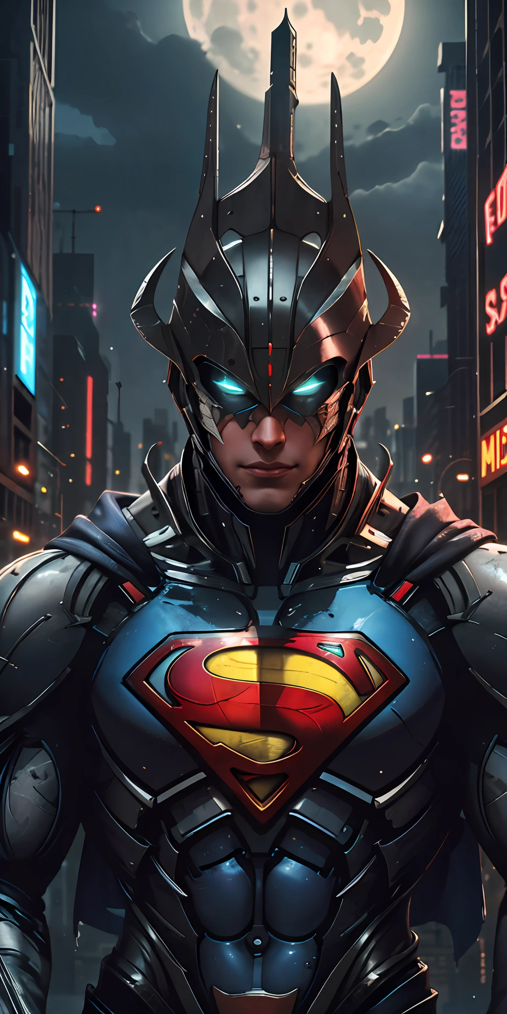 Superman high-tech stands imposing in a ciberpunk city. Moonlight highlights your muscles and scars. The scenery is lush and mysterious, with night city and surroundings. The camera details everything, neon lights