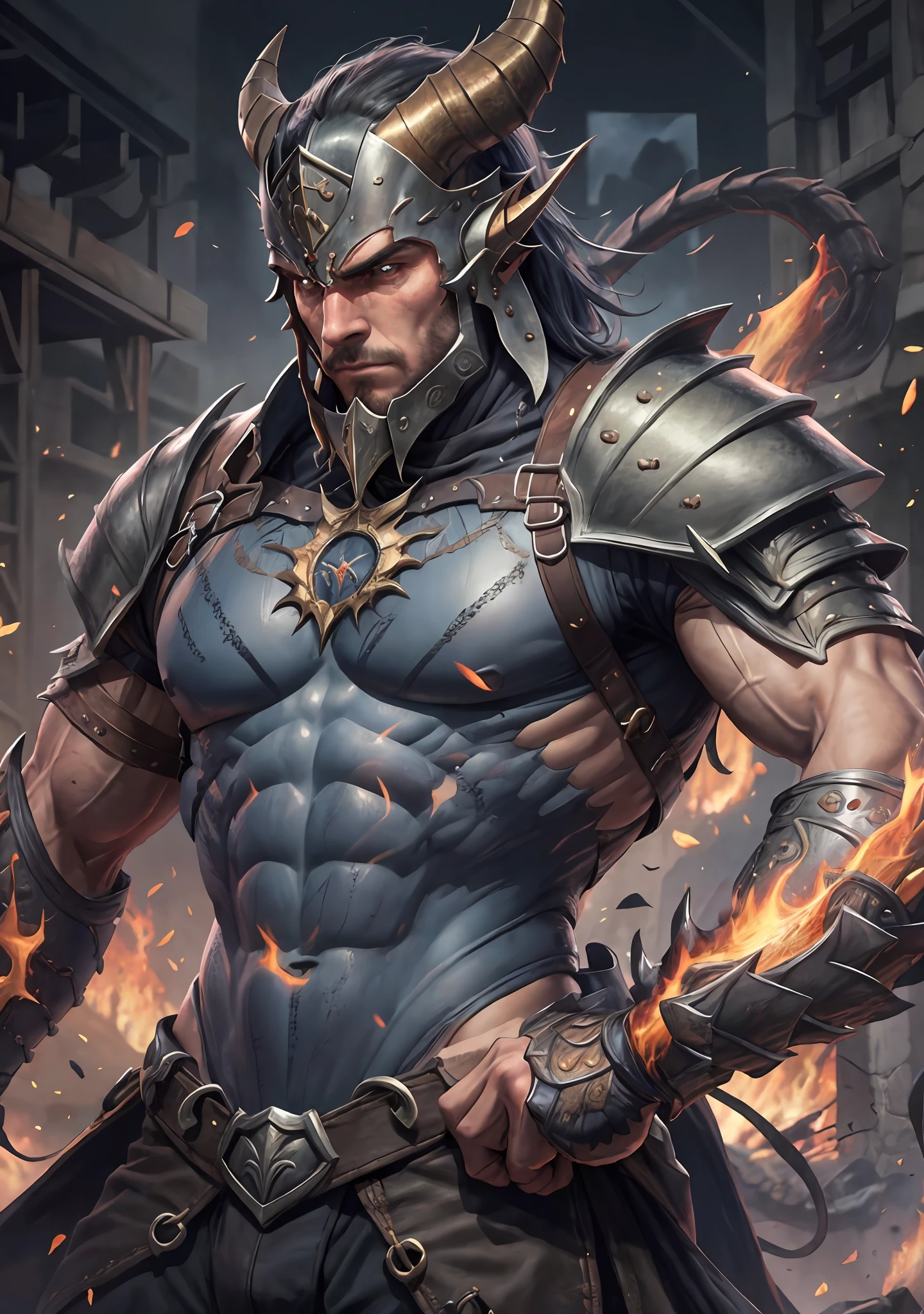 um homem, a race of beings with draconian traits,He has an average height, with well-defined muscles, Your skin is a reddish hue, reminiscente do fogo ardente, possui cabelos negros e espetados, que complementam seus olhos amarelos e penetrantes, Ele usa um escuro, flexible leather armor, com detalhes em metal, Carrega consigo seu arco curto e uma adaga, Ready for stealth action.