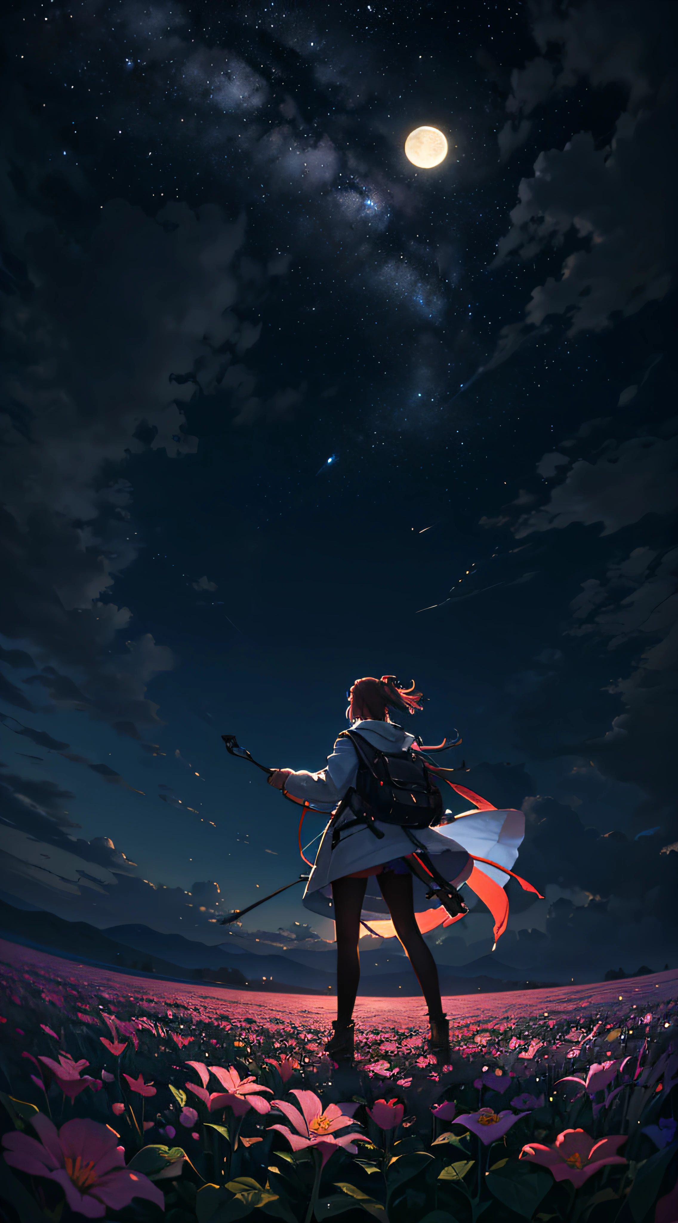 A wide landscape photo, (viewed from below, the sky is above, and the open field is below), a girl standing on a flower field looking up, (full moon: 1.2), (meteor: 0.9), (nebula: 1.3), distant mountains , Trees BREAK Crafting Art, (Warm Light: 1.2), (Firefly: 1.2), Lights, Lots of Purple and Orange, Intricate Details, Volumetric Lighting BREAK (Masterpiece: 1.2), (Best Quality), 4k, Ultra Detailed, (Dynamic Composition: 1.4), Rich in Detail and Color, (Rainbow Color: 1.2), (Glow, Atmospheric Lighting), Dreamy, Magical, (Solo: 1.2) --auto