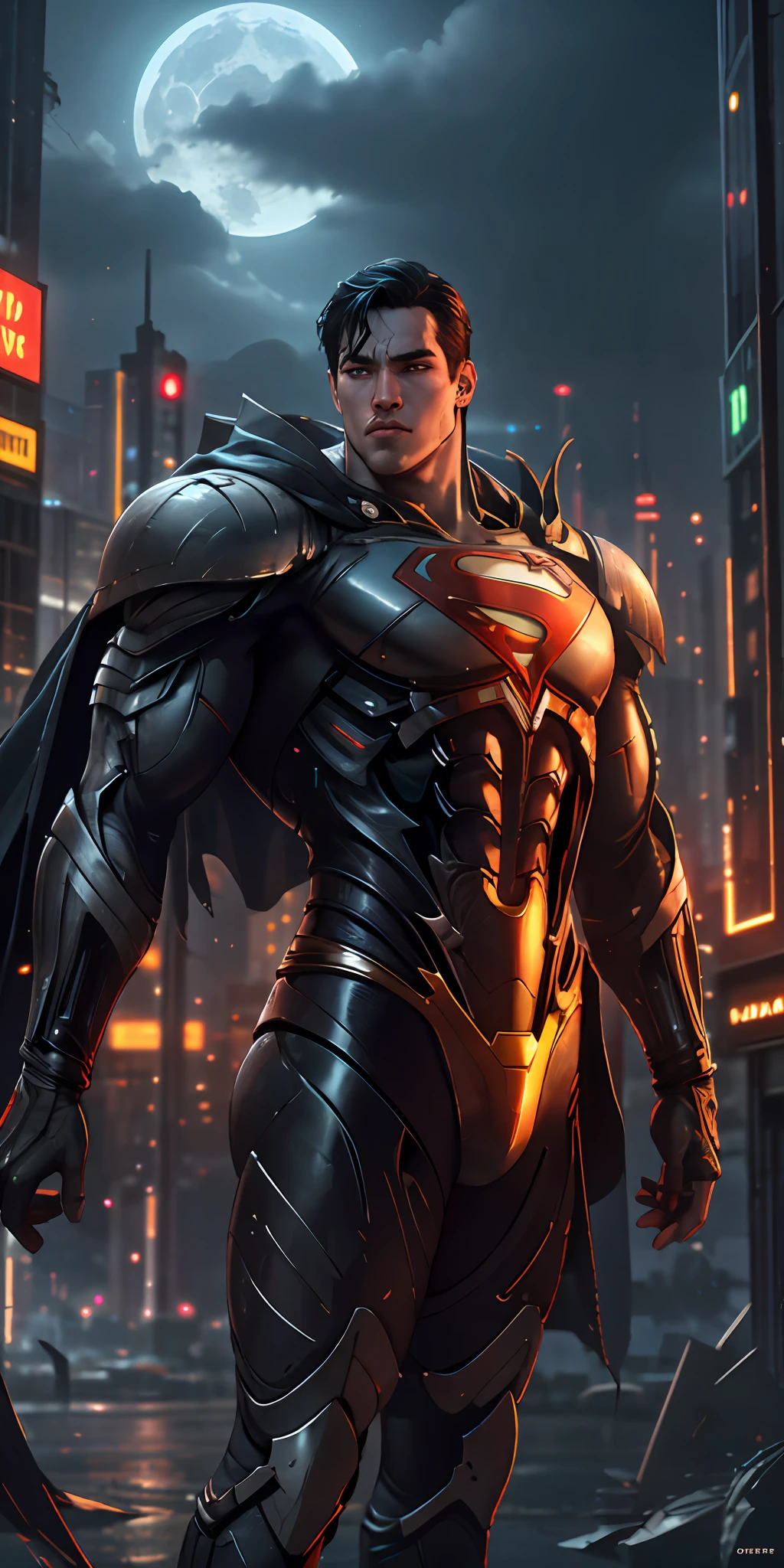 Superman high-tech stands imposing in a ciberpunk city. Moonlight highlights your muscles and scars. The scenery is lush and mysterious, with night city and surroundings. The camera details everything, neon lights