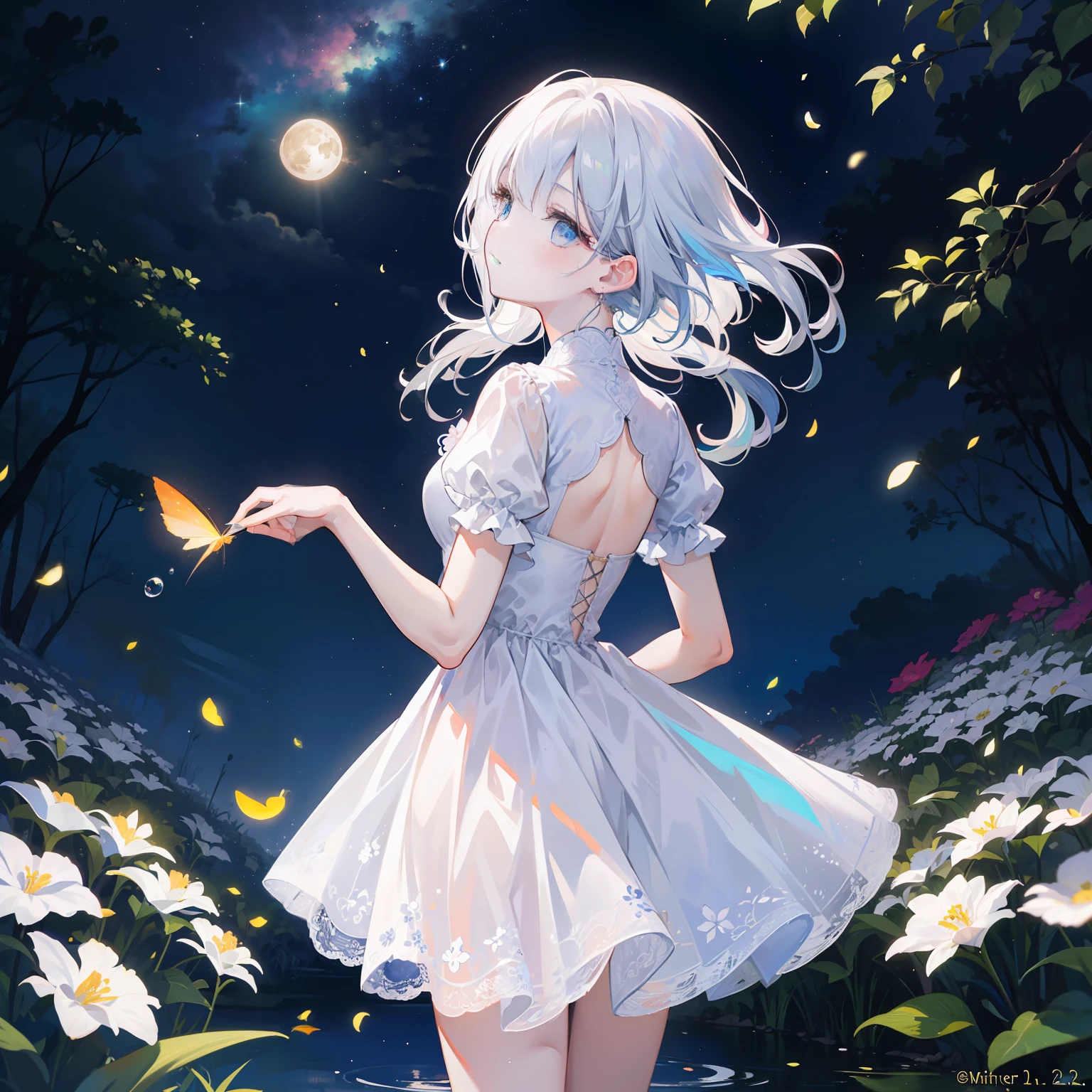 Open landscape , Landscape , Panoramic shot , (Looking up and down) , Girl in flower garden looking up , (Full moon: 1. 2) , (Shooting star: 0. 9) , (Nebula: 1. 3) , Starry sky , White flower garden , Shining flower garden , Fantastic flower garden , Trees , (Warm light source: 1. 2), (Firefly: 1. 2), lamp 3), Starry sky, White flower garden, (Warm Light Source: 1. 2), (Firefly: 1. 2), Lamp, Orange and Blue fine detail, (Masterpiece: 1. 2), (Top Quality), 4k, Ultra-fine detail, (Dynamic Composite: 1. 2), (Top Quality), Lamp, Orange and Blue voluminous lighting Main Fine Detail BREAK ((Masterpiece: 1.2), (Top Quality), 4k, Ultra Fine Detail, (Dynamic Composition: 1.4), Very Fine Detail, Colorful Detail, (Iridescent: 1. 2), (Luminous Lighting, Ambient Lighting), Dreamlike ( Ambient Lighting), Dreamlike, Fantastic, (Solo: 1.2), Glitter, Glitter, Petals Dancing, Light Dancing, White Hair, Beautiful Hair, Long Hair, Hair Dancing, Back View, Puddle, Soap Bubble, Pose, Long Skirt, Solid White Dress, Lace Short Sleeved Dress