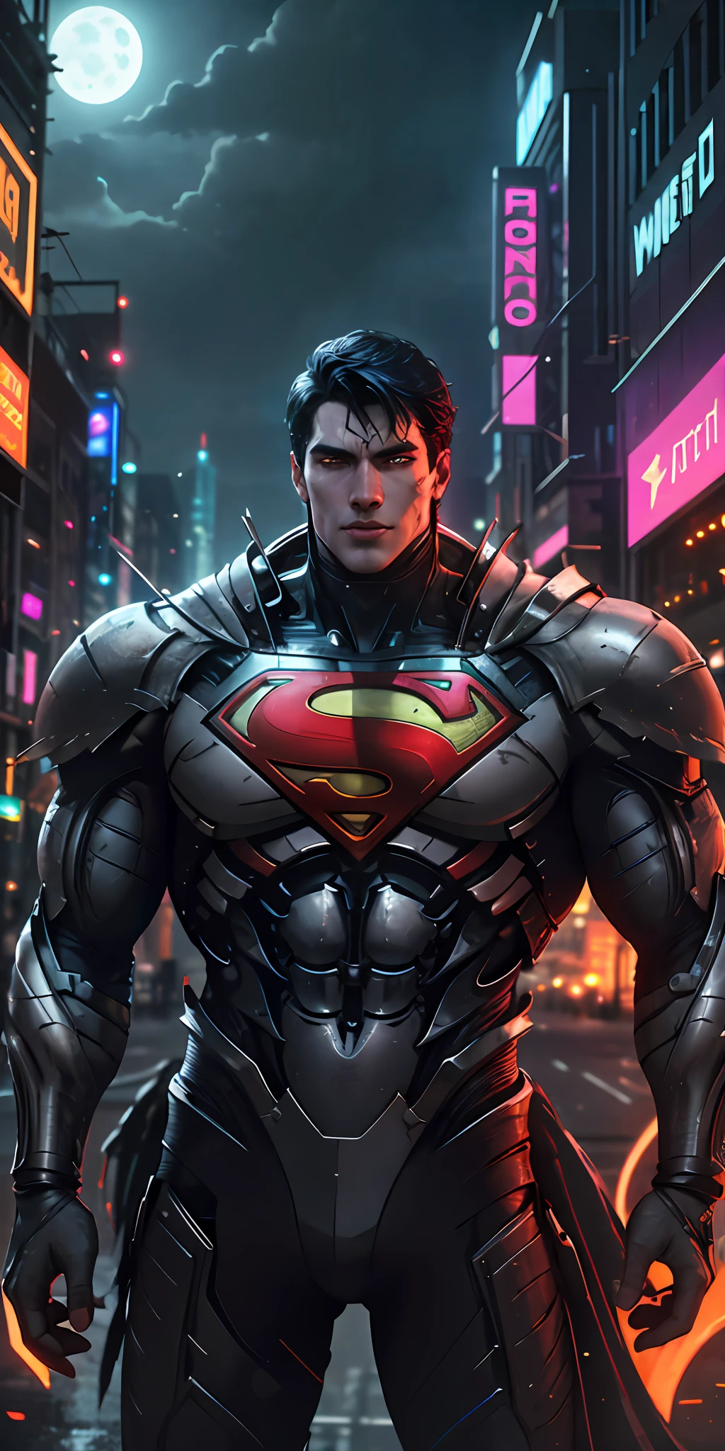 Superman high-tech stands imposing in a ciberpunk city. Moonlight highlights your muscles and scars. The scenery is lush and mysterious, with night city and surroundings. The camera details everything, neon lights