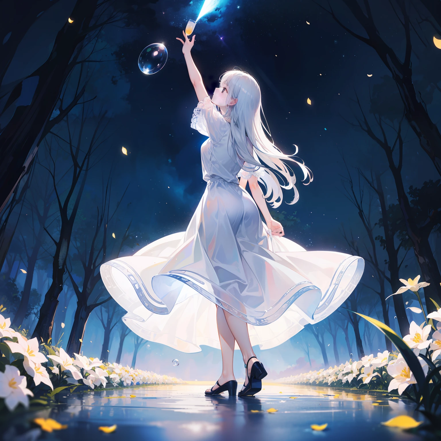 Open landscape , Landscape , Panoramic shot , (Looking up and down) , Girl in flower garden looking up , (Full moon: 1. 2) , (Shooting star: 0. 9) , (Nebula: 1. 3) , Starry sky , White flower garden , Shining flower garden , Fantastic flower garden , Trees , (Warm light source: 1. 2), (Firefly: 1. 2), lamp 3), Starry sky, White flower garden, (Warm Light Source: 1. 2), (Firefly: 1. 2), Lamp, Orange and Blue fine detail, (Masterpiece: 1. 2), (Top Quality), 4k, Ultra-fine detail, (Dynamic Composite: 1. 2), (Top Quality), Lamp, Orange and Blue voluminous lighting Main Fine Detail BREAK ((Masterpiece: 1.2), (Top Quality), 4k, Ultra Fine Detail, (Dynamic Composition: 1.4), Very Fine Detail, Colorful Detail, (Iridescent: 1. 2), (Luminous Lighting, Ambient Lighting), Dreamlike ( Ambient Lighting), Dreamlike, Fantastic, (Solo: 1.2), Glitter, Glitter, Petals Dancing, Light Dancing, White Hair, Beautiful Hair, Long Hair, Hair Dancing, Back View, Puddle, Soap Bubble, Pose, Long Skirt, Solid White Dress, Lace Short Sleeved Dress