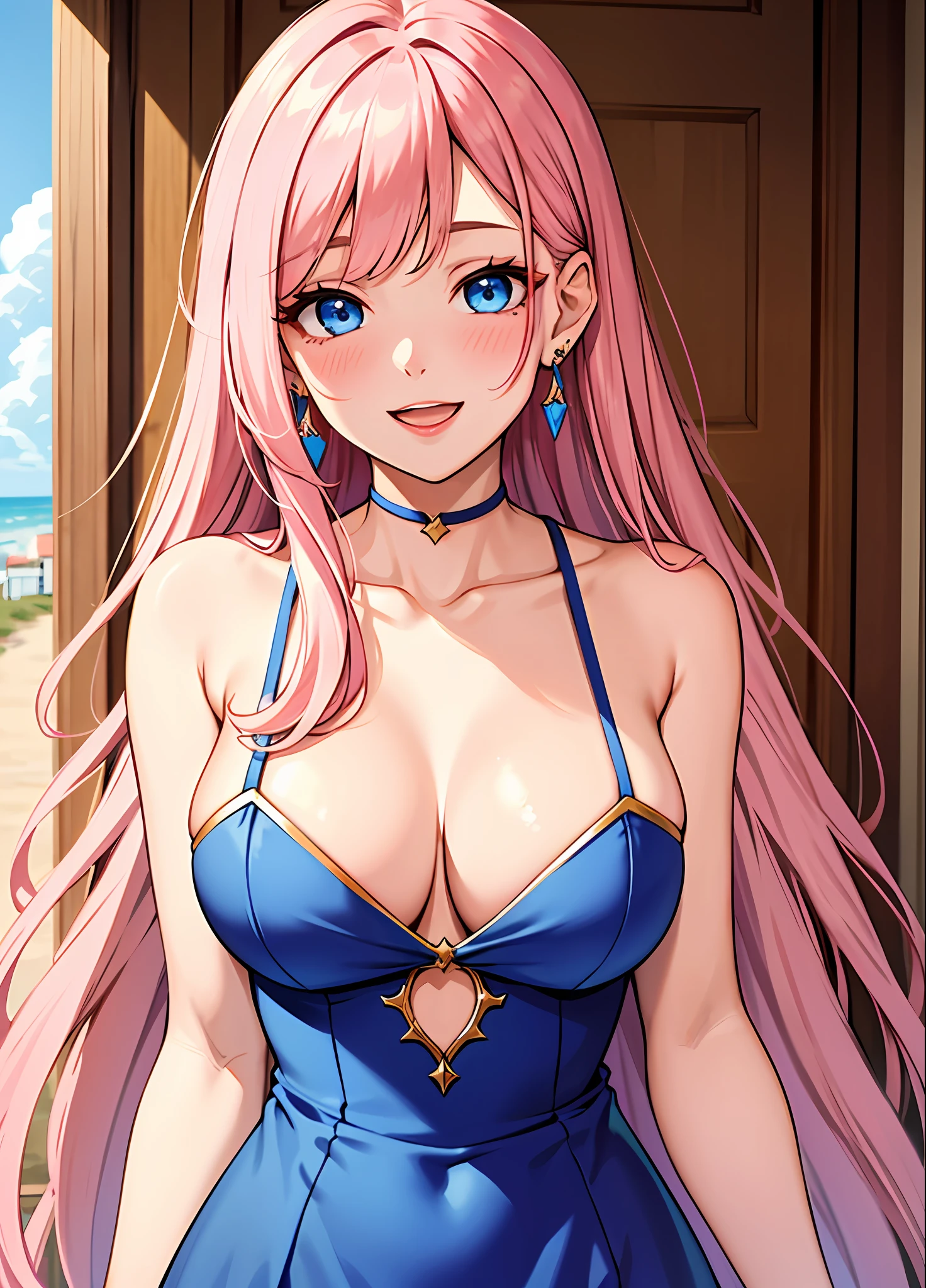 synecdoche, masterpiece, best quality, 1girl, vinhi gala dress, large breasts, blush, pink hair, bangs, open mouth, , solo, looking at the viewer, collarbone, blue eyes, swept bangs, earrings, bare shoulders, smile, neckline, jewelry, sky, long hair, loose hair