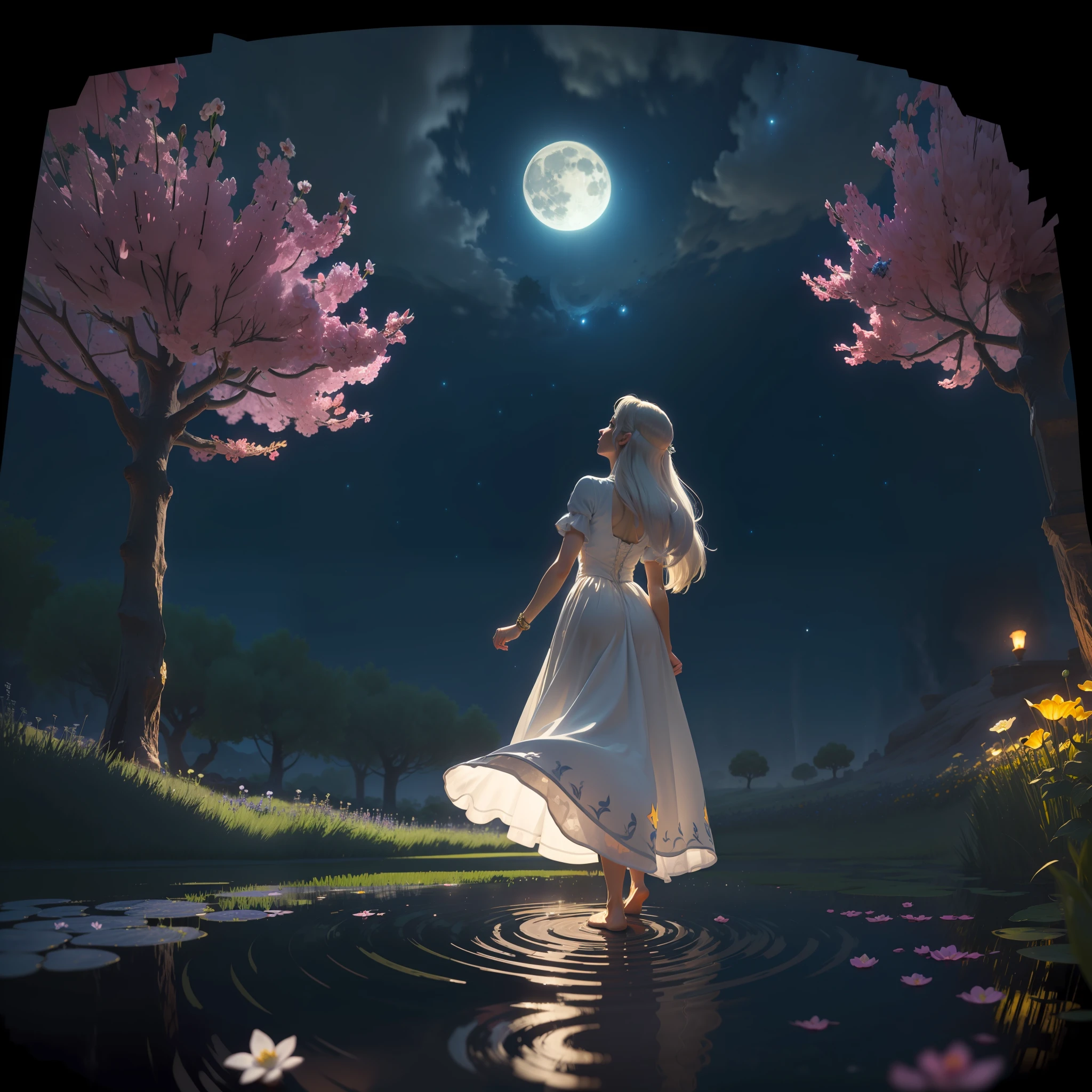 Open landscape , Landscape , Panorama shot , (Looking up/down) , Girl in flower garden looking up , (Full moon: 1. 2) , (Shooting star: 0. 9) , (Nebula: 1. 3) , Starry sky , White flower garden , Shining flower garden , Fantastic flower garden , Trees , (Warm light source: 1. 2), (Firefly: 1. 2), Lamp 3), Starry sky, White flower garden, (Warm color Light Source: 1. 2), (Firefly: 1. 2), Lamp, Orange and Blue Fine Detail, (Masterpiece: 1. 2), (Top Quality), 4k, Ultra Fine Detail, (Dynamic Composite: 1. 2), (Top Quality), Lamp, Orange and Blue Voluminous Lighting Main Fine Detail BREAK ((Masterpiece: 1.2), (Top Quality), 4k, Ultra Fine Detail, (Dynamic Composite: 1.4), Very Fine Detail, Colorful Detail, (Iridescent: 1. 2), (Luminescent Lighting, Ambient Lighting), Dreamlike ( Ambient Lighting), Dreamy, Fantastic, (Solo: 1.2), Glitter, Glittering, Petals Dancing, Light Dancing, White Hair, Beautiful Hair, Long Hair, Hair Dancing, Back View, Puddle, Bubbles, Pose, Long Skirt, Pure White Dress, Lace Short Sleeved Dress, No Shoes
Translated with www.DeepL.com/Translator (free version)