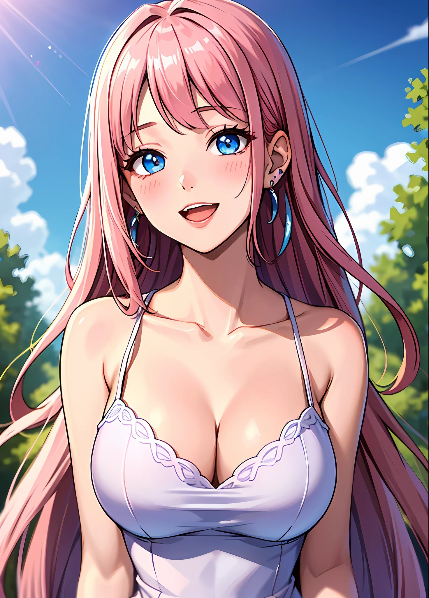 synecdoche, masterpiece, best quality, 1girl, vinhi gala dress, large breasts, blush, pink hair, bangs, open mouth, , solo, looking at the viewer, collarbone, blue eyes, swept bangs, earrings, bare shoulders, smile, neckline, jewelry, sky, long hair, loose hair