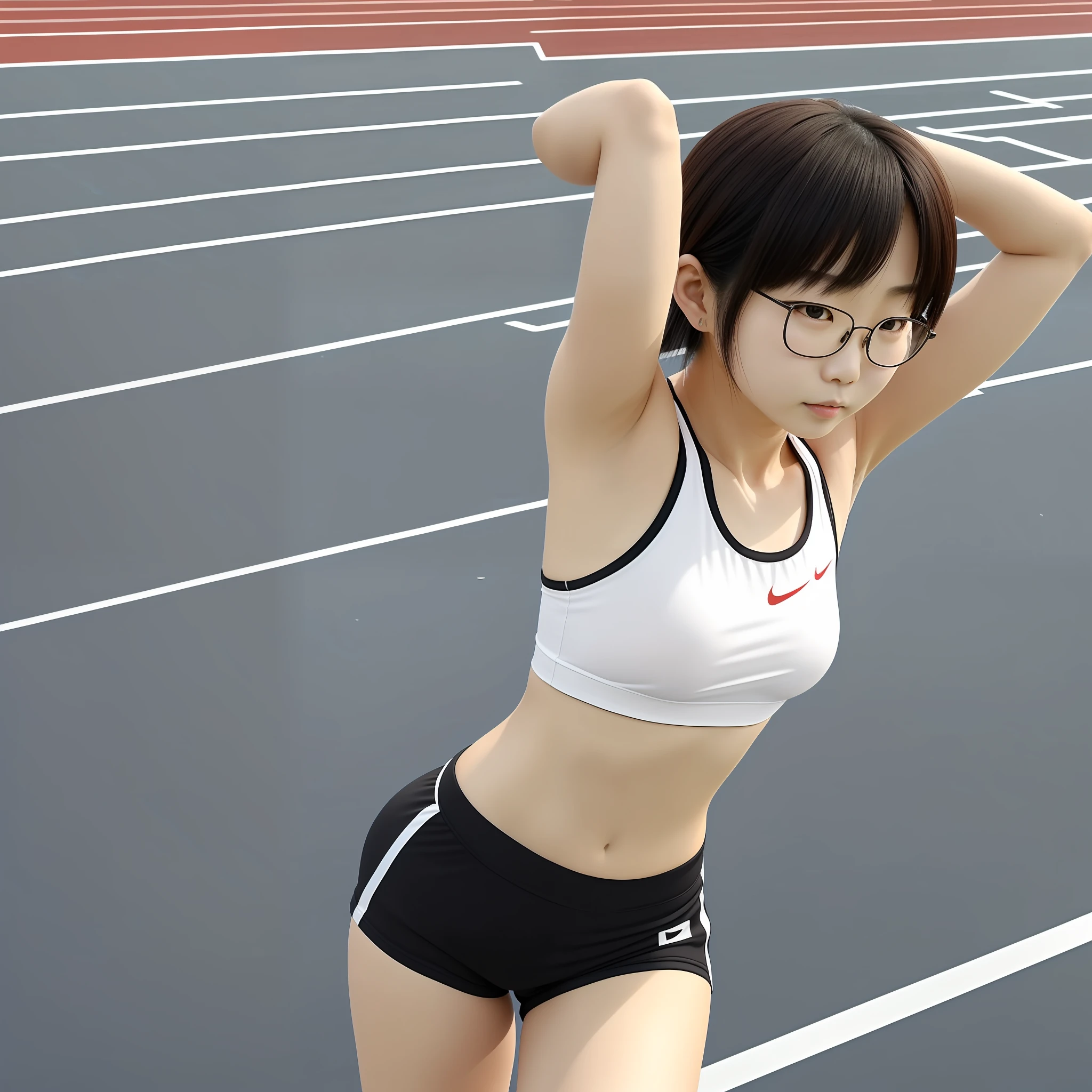 The scene is an empty track and field stadium in the early morning、1 naïve one 8 years old、Glasses、Japan College Girl、track & Field Club Practice、Athletics field、1man、Doing stretching exercises、White bra top(Landless)、Wearing red running shorts、 独奏(akiko takase、Kazue Kato、、Aya Takano、Etsuko Miura、town、tsugumi ohba、chiho、Rinko Kawaichi、Takeyuki Kanda)、 Body shape is 158 cm tall、Weight 53kg、Bust 83cm(D Cup)、Waist 61cm、Hips 86cm、 Shoulder-length black hair、Bangs、