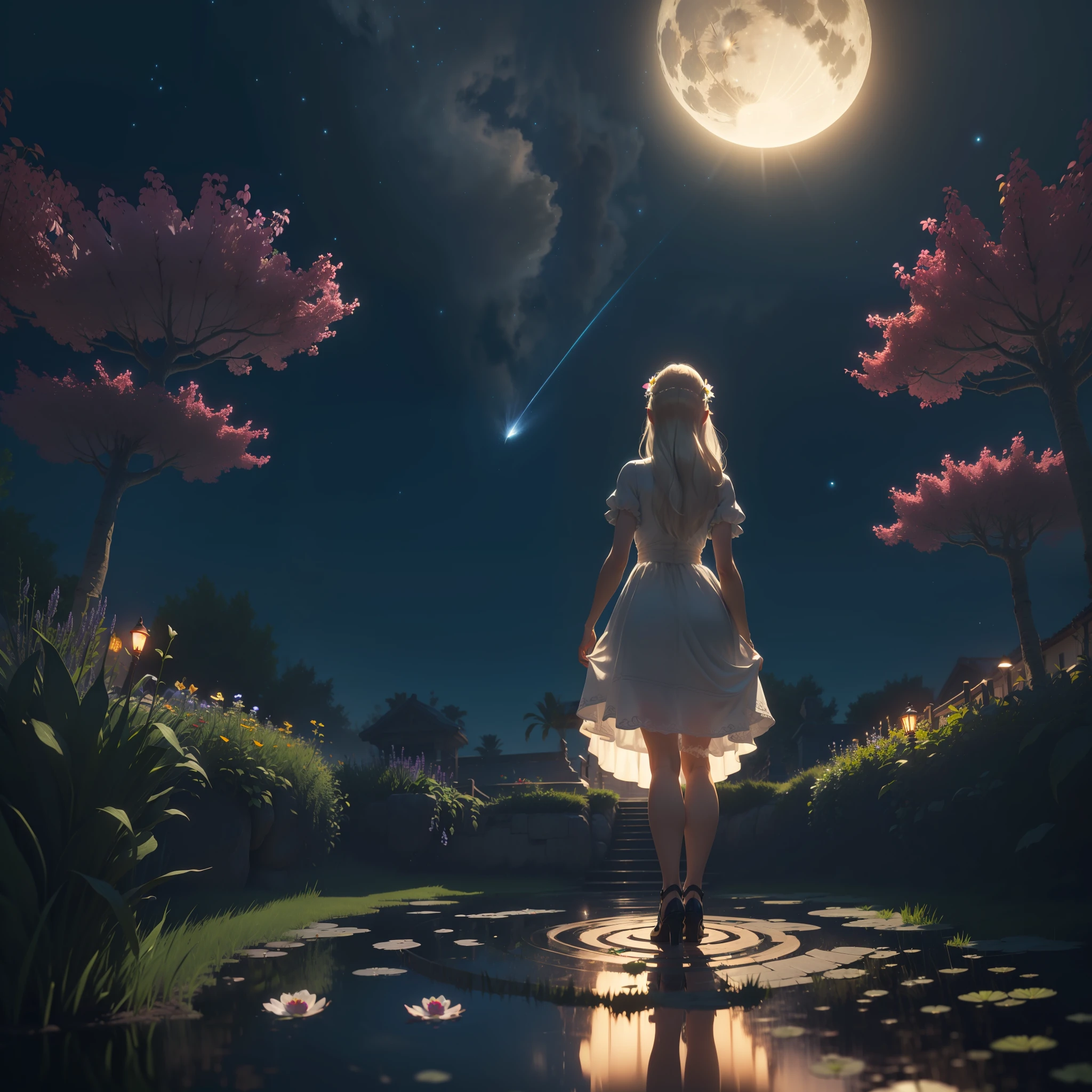 Open landscape , Landscape , Panorama shot , (Looking up/down) , Girl in flower garden looking up , (Full moon: 1. 2) , (Shooting star: 0. 9) , (Nebula: 1. 3) , Starry sky , White flower garden , Shining flower garden , Fantastic flower garden , Trees , (Warm light source: 1. 2), (Firefly: 1. 2), Lamp 3), Starry sky, White flower garden, (Warm color Light Source: 1. 2), (Firefly: 1. 2), Lamp, Orange and Blue Fine Detail, (Masterpiece: 1. 2), (Top Quality), 4k, Ultra Fine Detail, (Dynamic Composite: 1. 2), (Top Quality), Lamp, Orange and Blue Voluminous Lighting Main Fine Detail BREAK ((Masterpiece: 1.2), (Top Quality), 4k, Ultra Fine Detail, (Dynamic Composite: 1.4), Very Fine Detail, Colorful Detail, (Iridescent: 1. 2), (Luminescent Lighting, Ambient Lighting), Dreamlike ( Ambient Lighting), Dreamy, Fantastic, (Solo: 1.2), Glitter, Petals Dancing, Light Dancing, White Hair, Beautiful Hair, Long Hair, Hair Dancing, Back View, Puddle, Pose, Ruffled Skirt, Pure White Dress, Lace Short Sleeved Dress, Glass Shoes