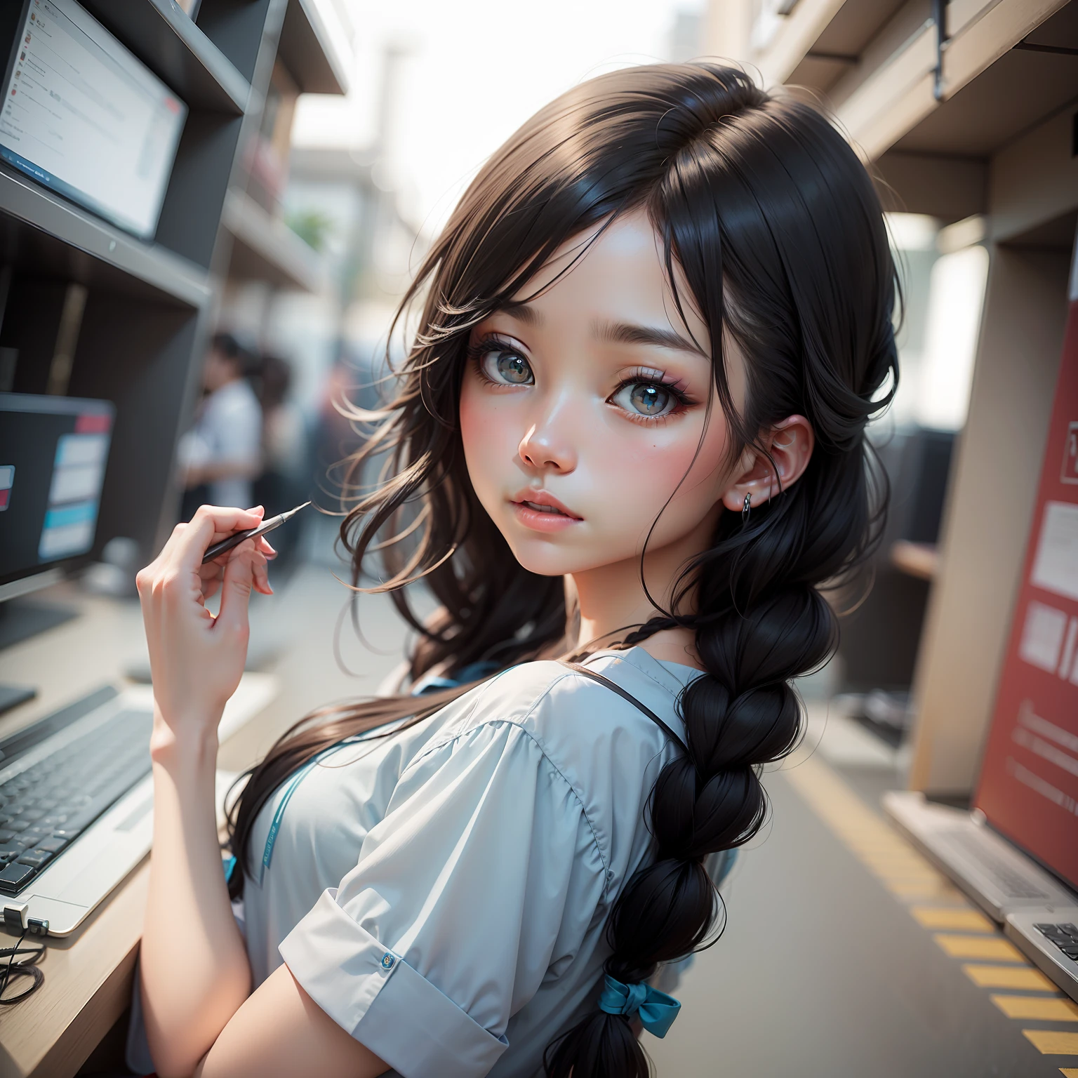 Black eyes、Black hair color、Braided hairstyle、Beautiful girl in blue work clothes accented with red and light blue、Shot at a low angle on a white background、The finest Japanese-style moe of a thinking girl、 computer、Illustration style、